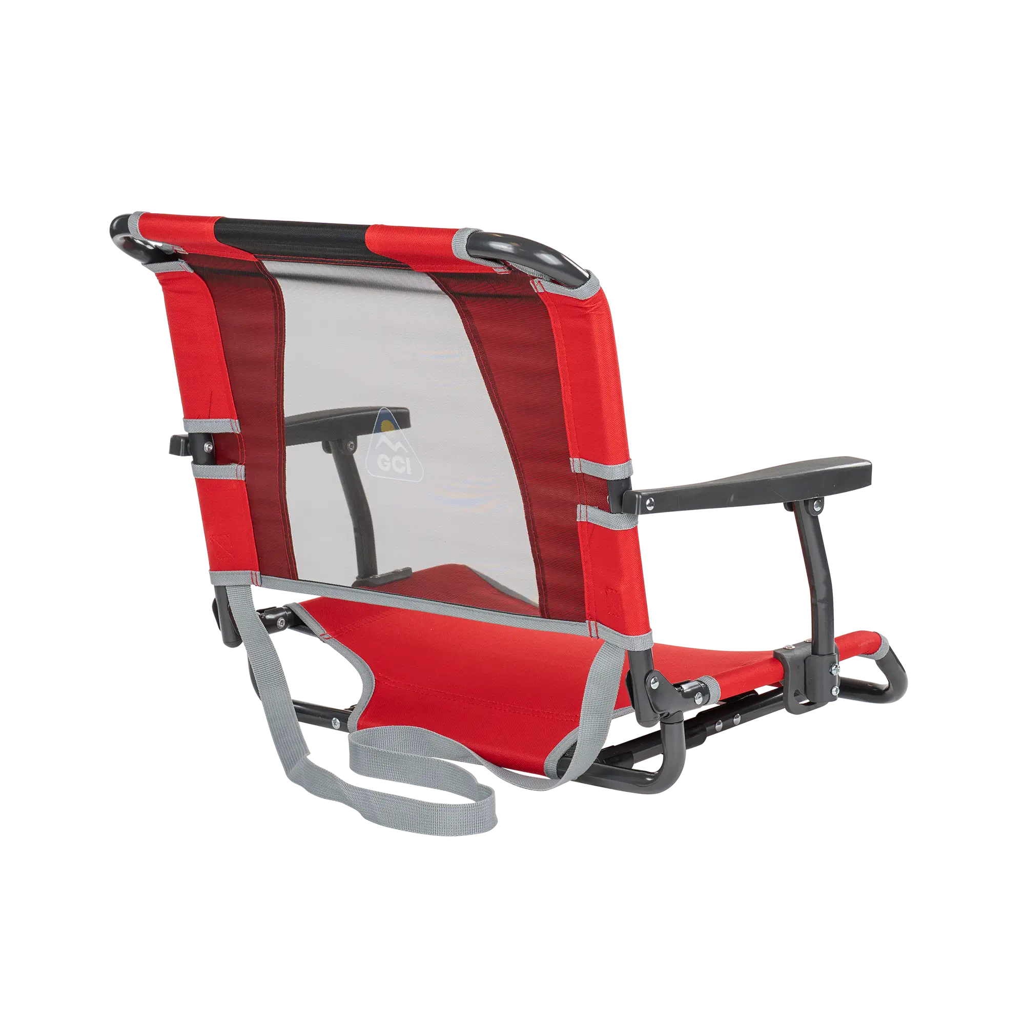 Back side of the red big comfort stadium chair with armrests. 