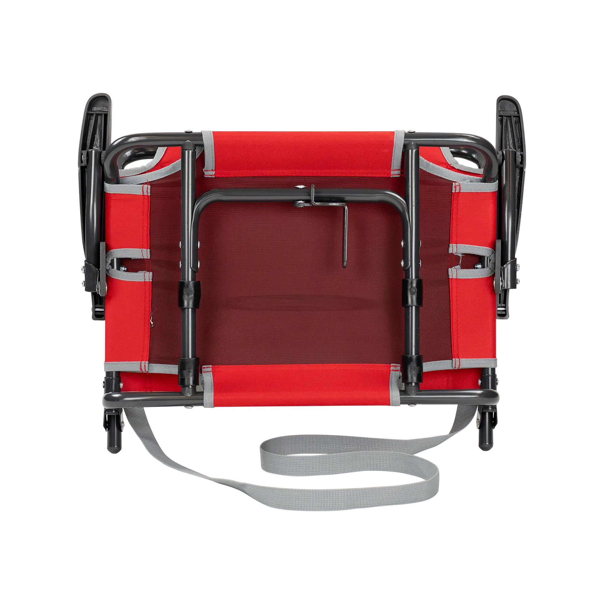 Underside of the red big comfort stadium chair with armrests with the l-hook closed. 