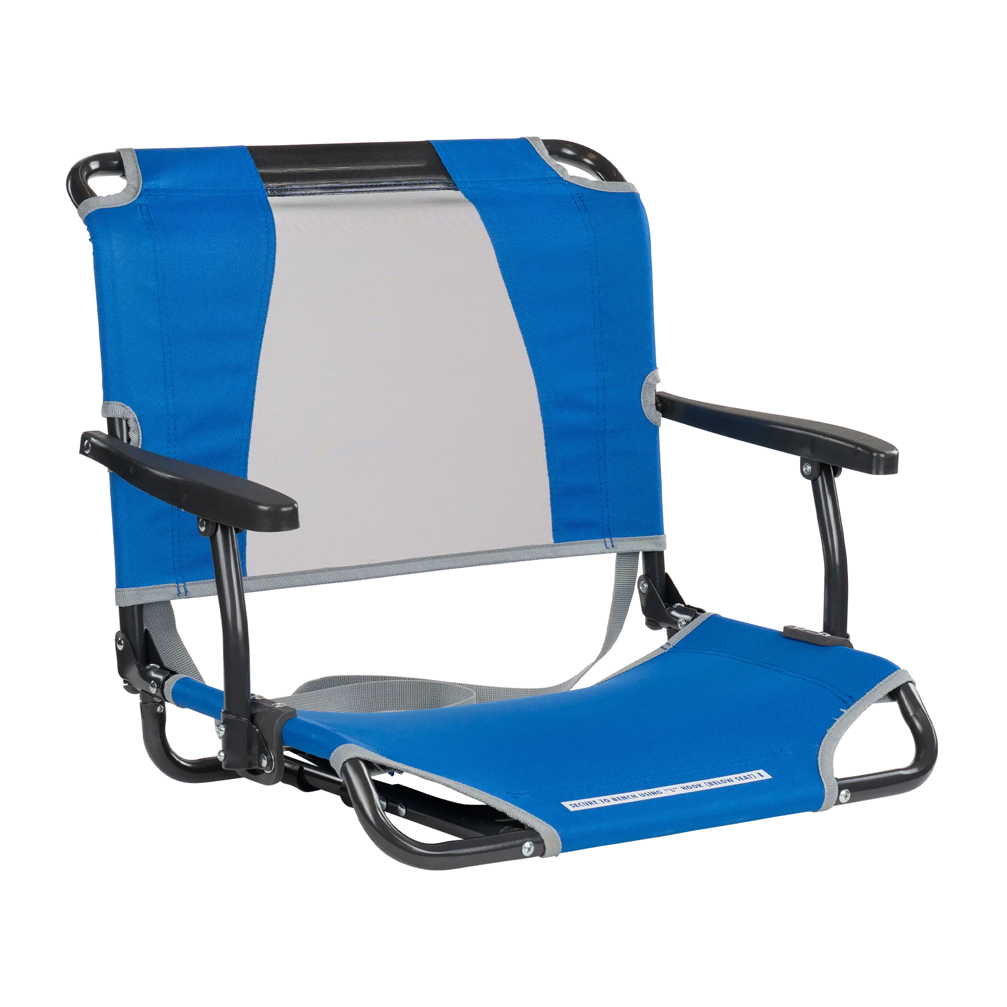 Front angle of the royal blue big comfort stadium chair with armrests. 