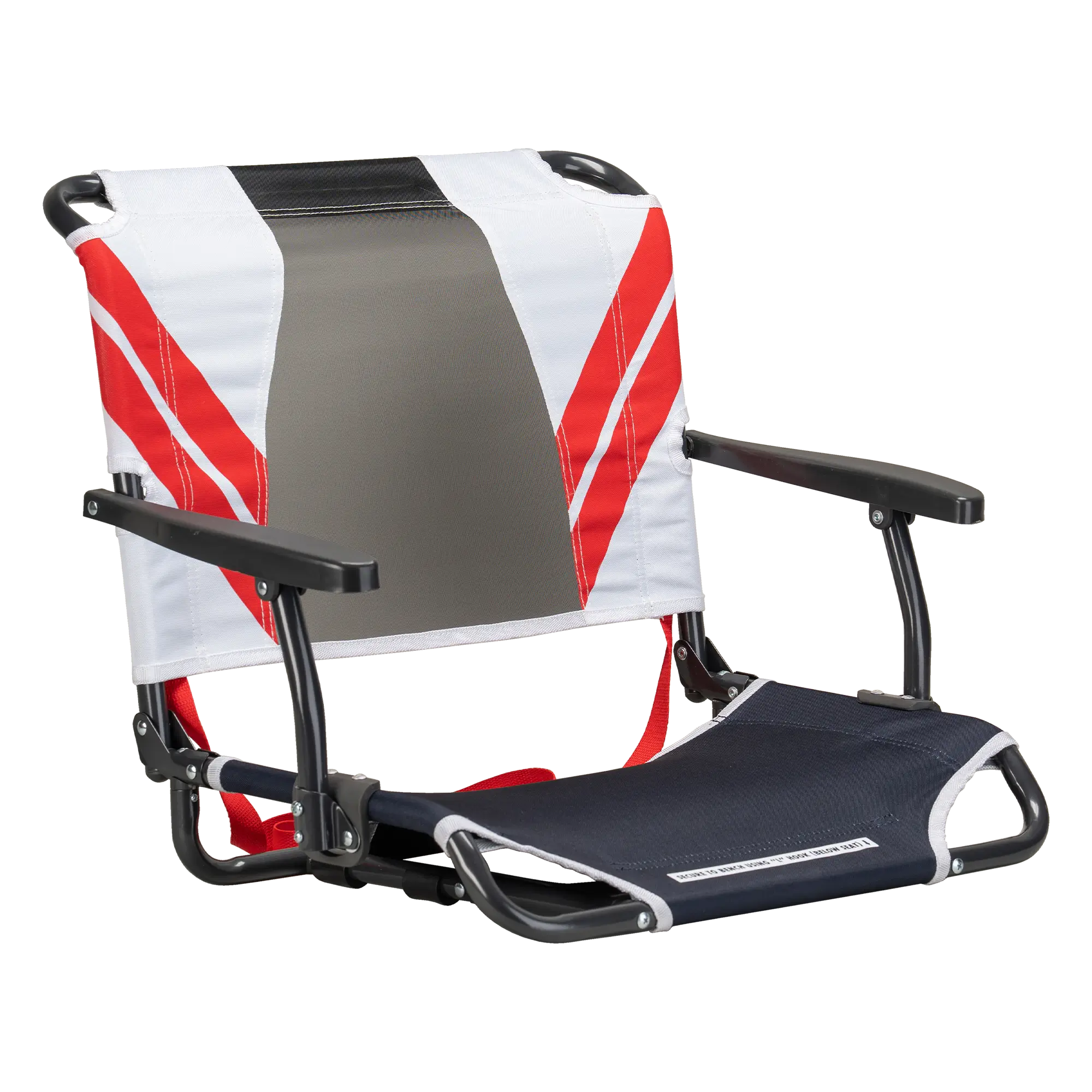Front angle of the red/white/indigo big comfort stadium chair with armrests. 