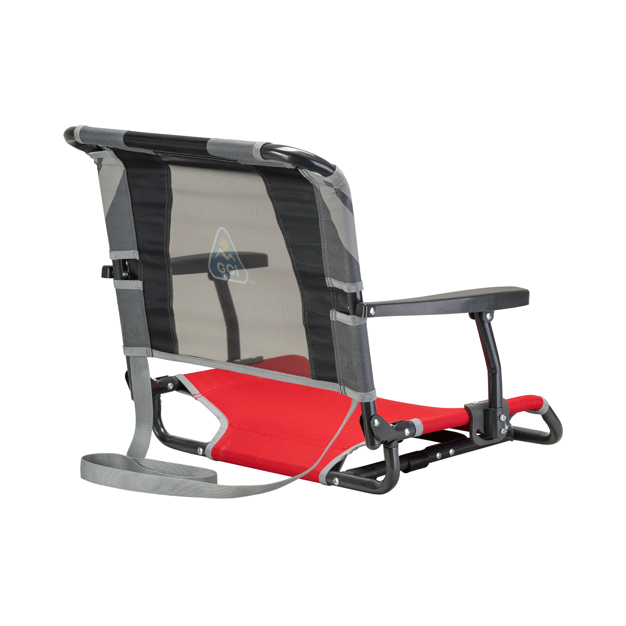 Back side of the red/gray big comfort stadium chair with armrests. 