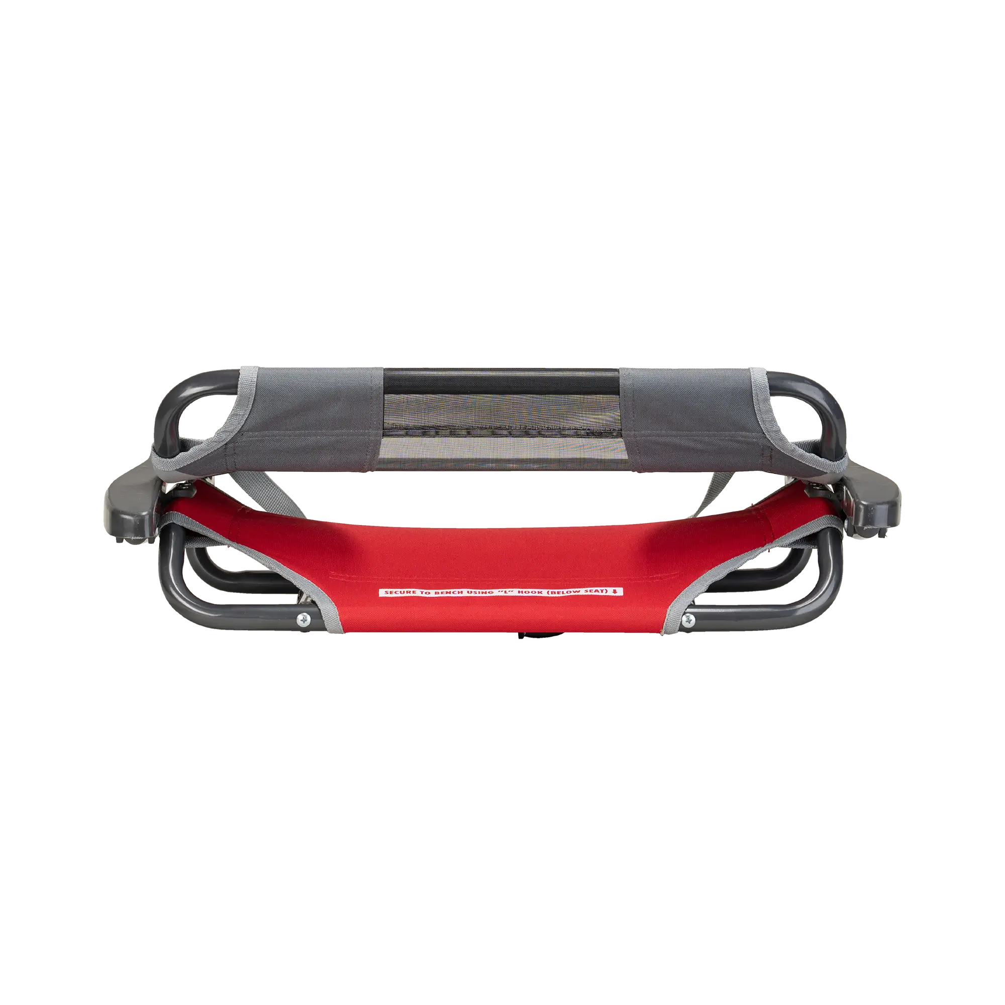 The red/gray big comfort stadium chair with armrest folded up. 