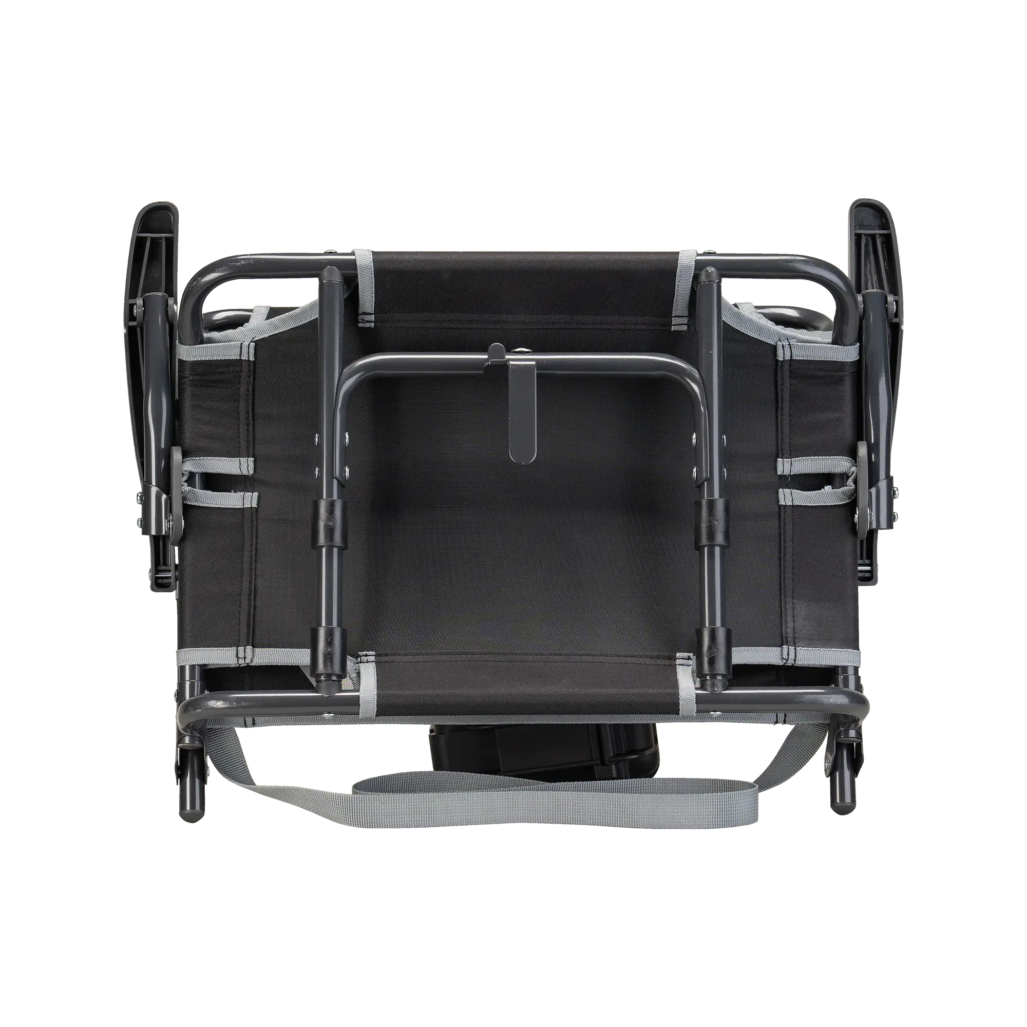 Underside of the black/gray big comfort stadium chair with armrests with the l-hook closed. 
