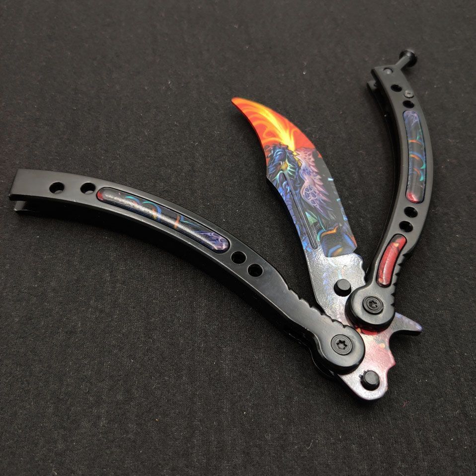 All-steel gradient folding butterfly practice knife, non-porous, unsharpened, with spring lock clasp