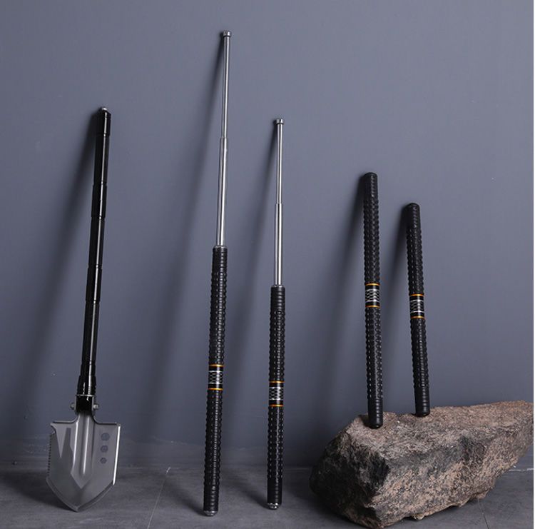 Combination baton, which can be spliced into a martial arts and fitness three-section stick, is a solid, extended, butt-jointed, retractable baton, serving as a vehicle-mounted self-defense weapon.