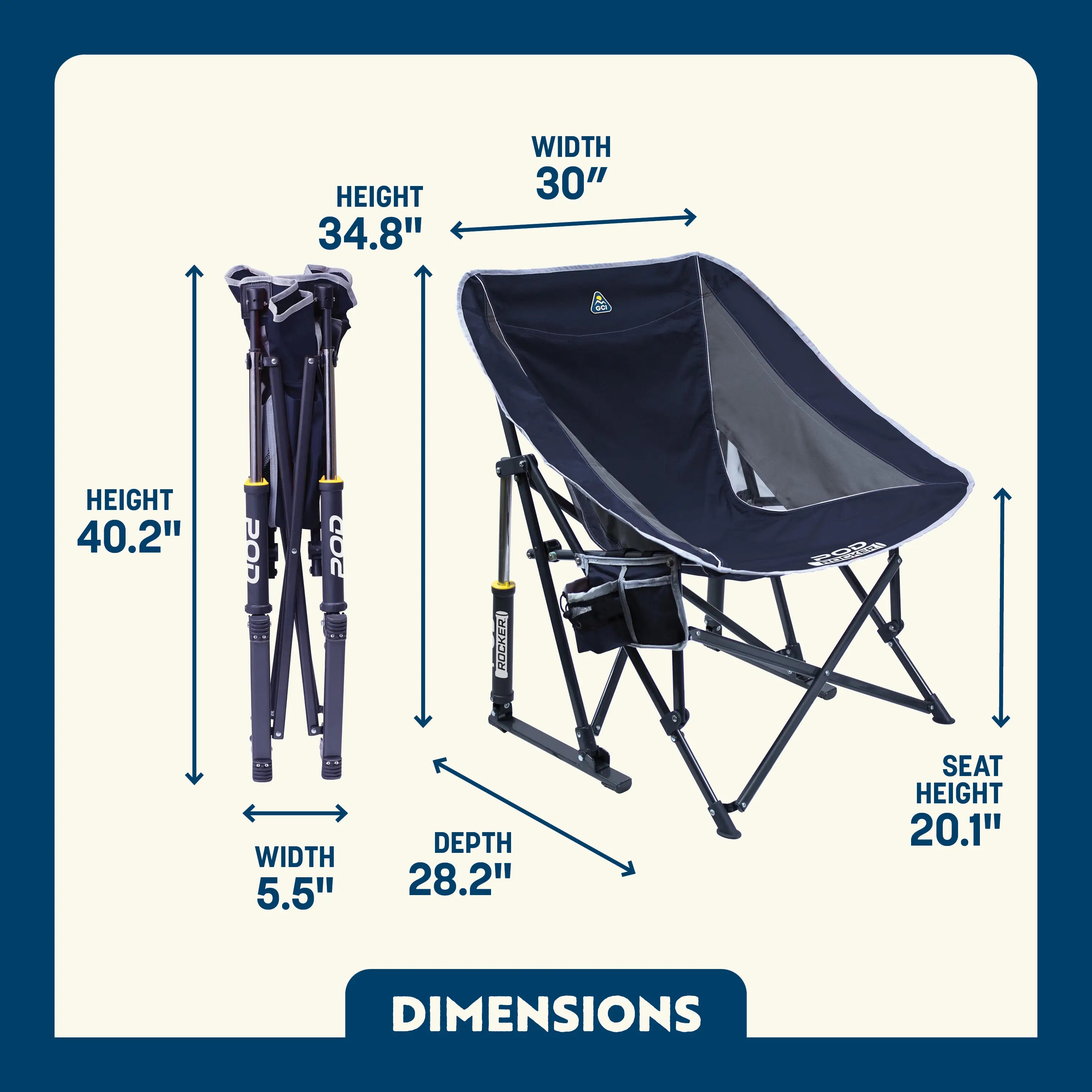 Indigo Pod Rocker dimensions overview.