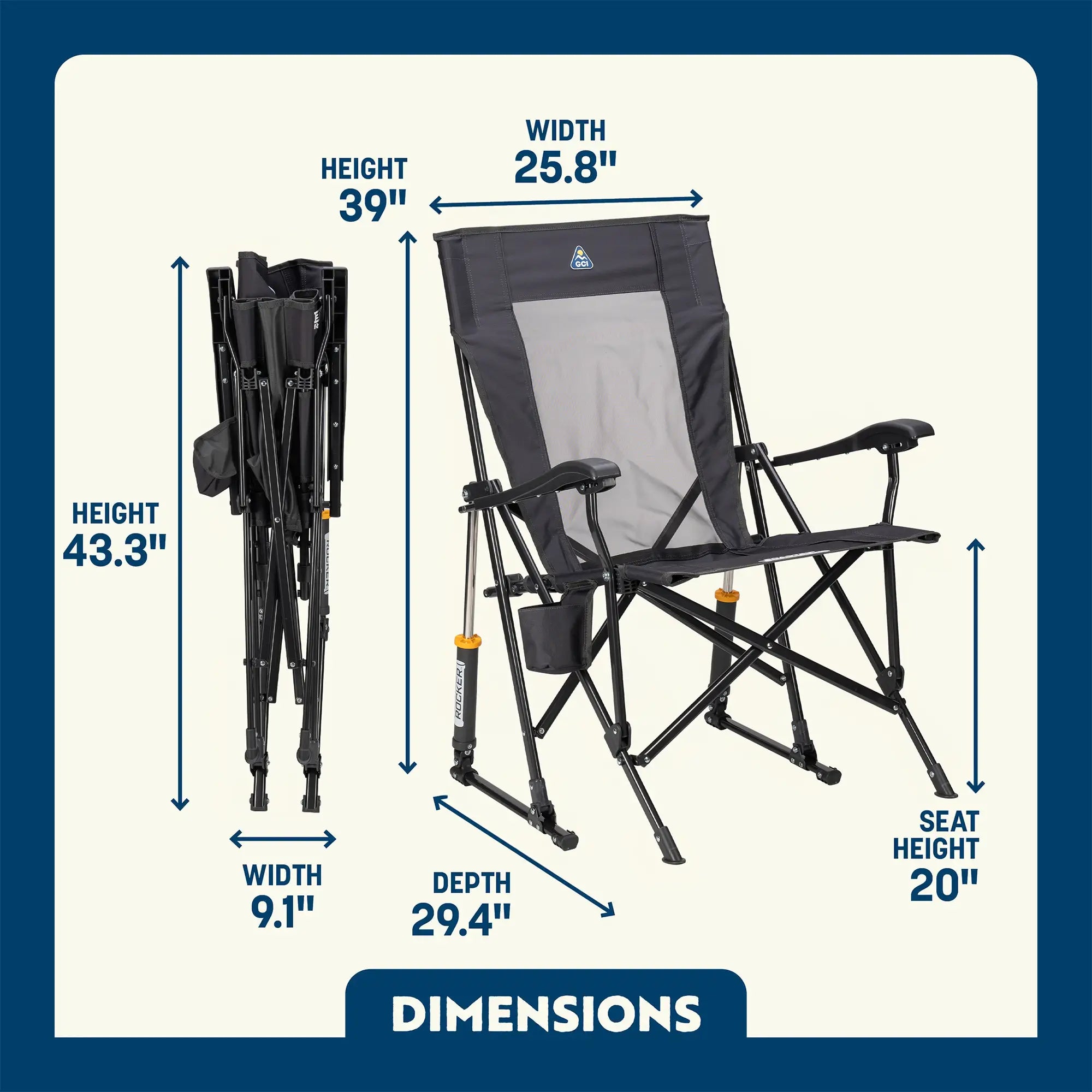 Dimensions overview of the dark charcoal roadtrip rocker. 