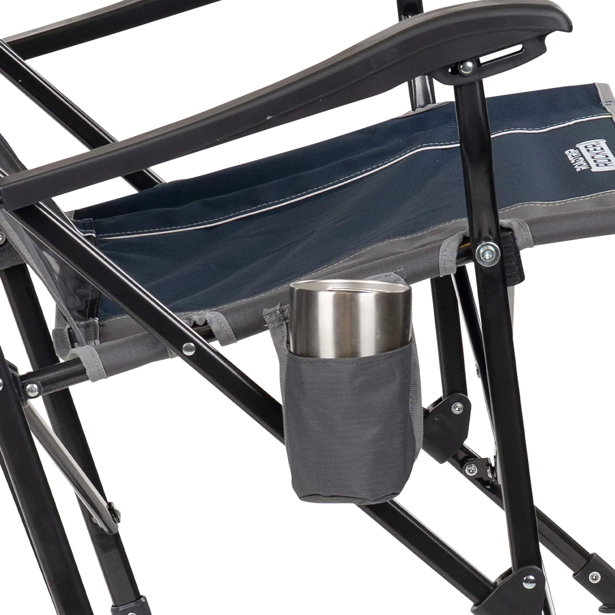 Up-close of the indigo roadtrip rocker with the integrated cup holder. 