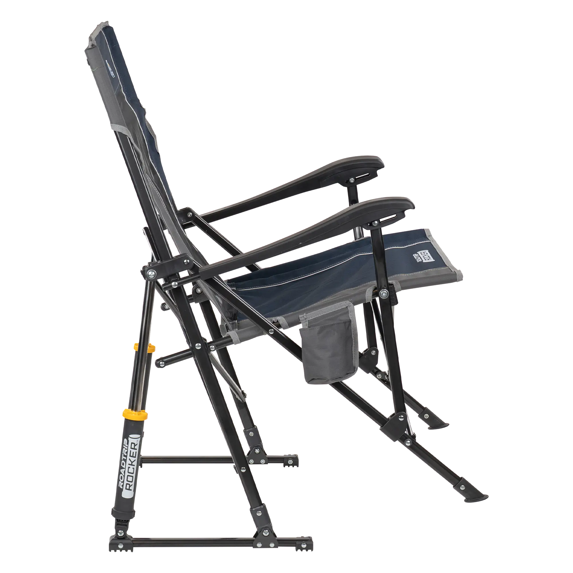 Side angle of the indigo roadtrip rocker showing the spring-action rockers and phone pocket. 