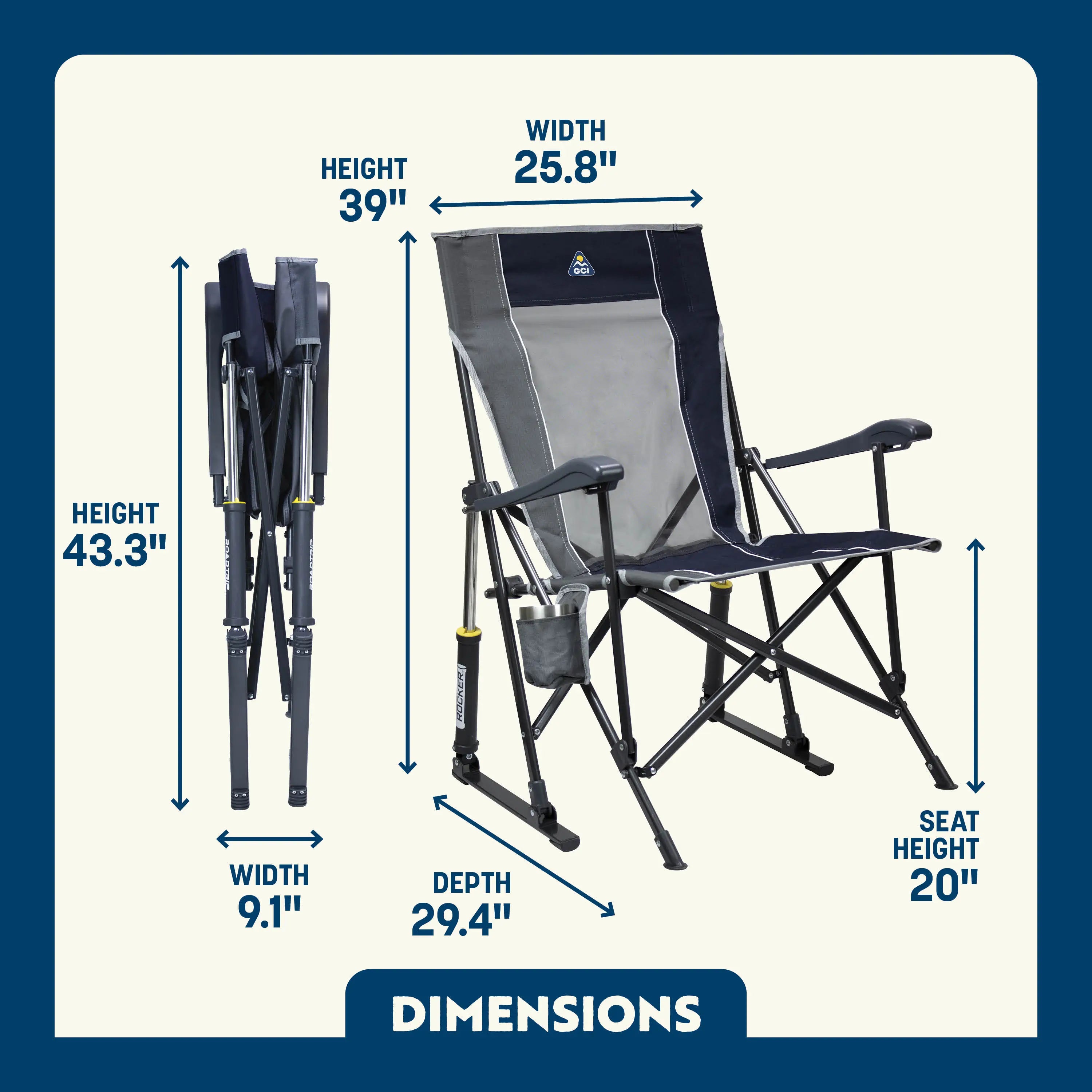 Indigo Roadtrip Rocker shown open and folded, with tall backrest, cupholder, and all dimensions labeled.