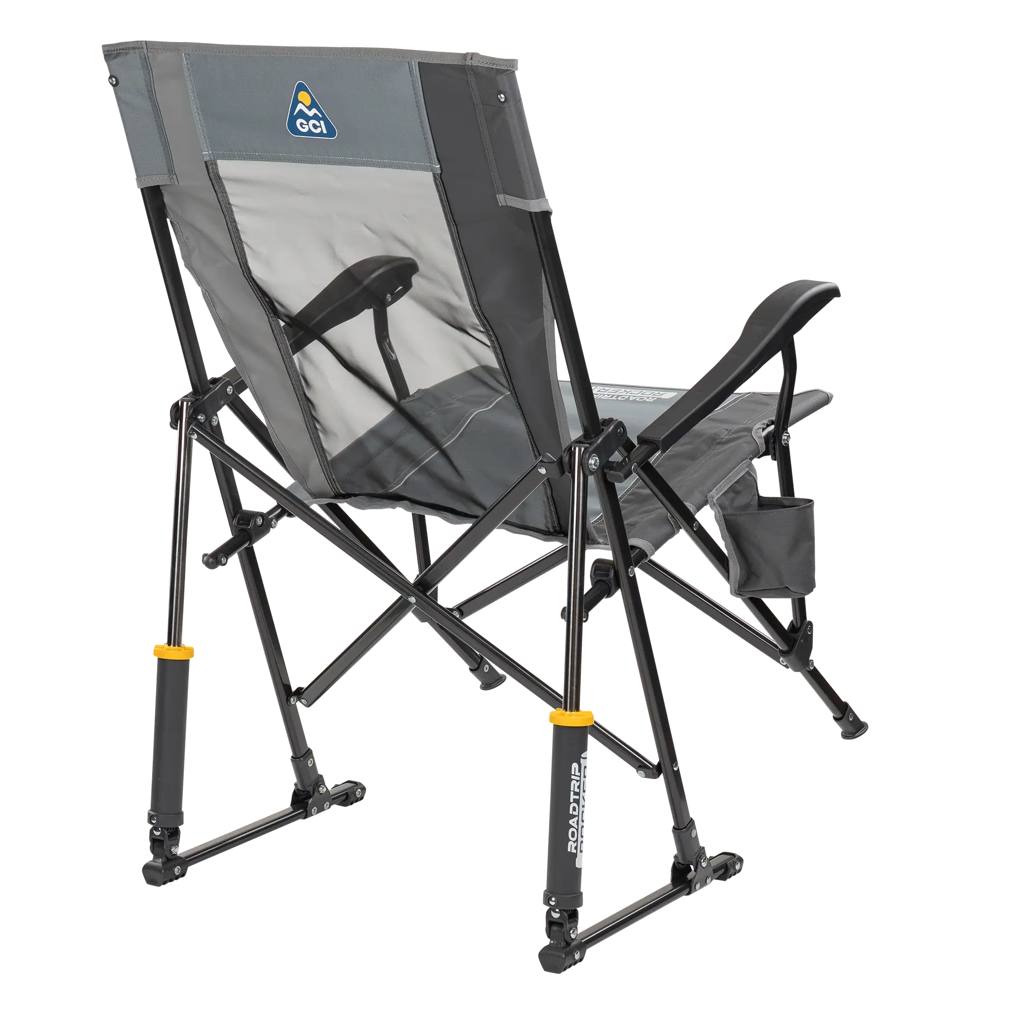 Side angle of the mercury gray roadtrip rocker showing the spring-action rockers and phone pocket. 