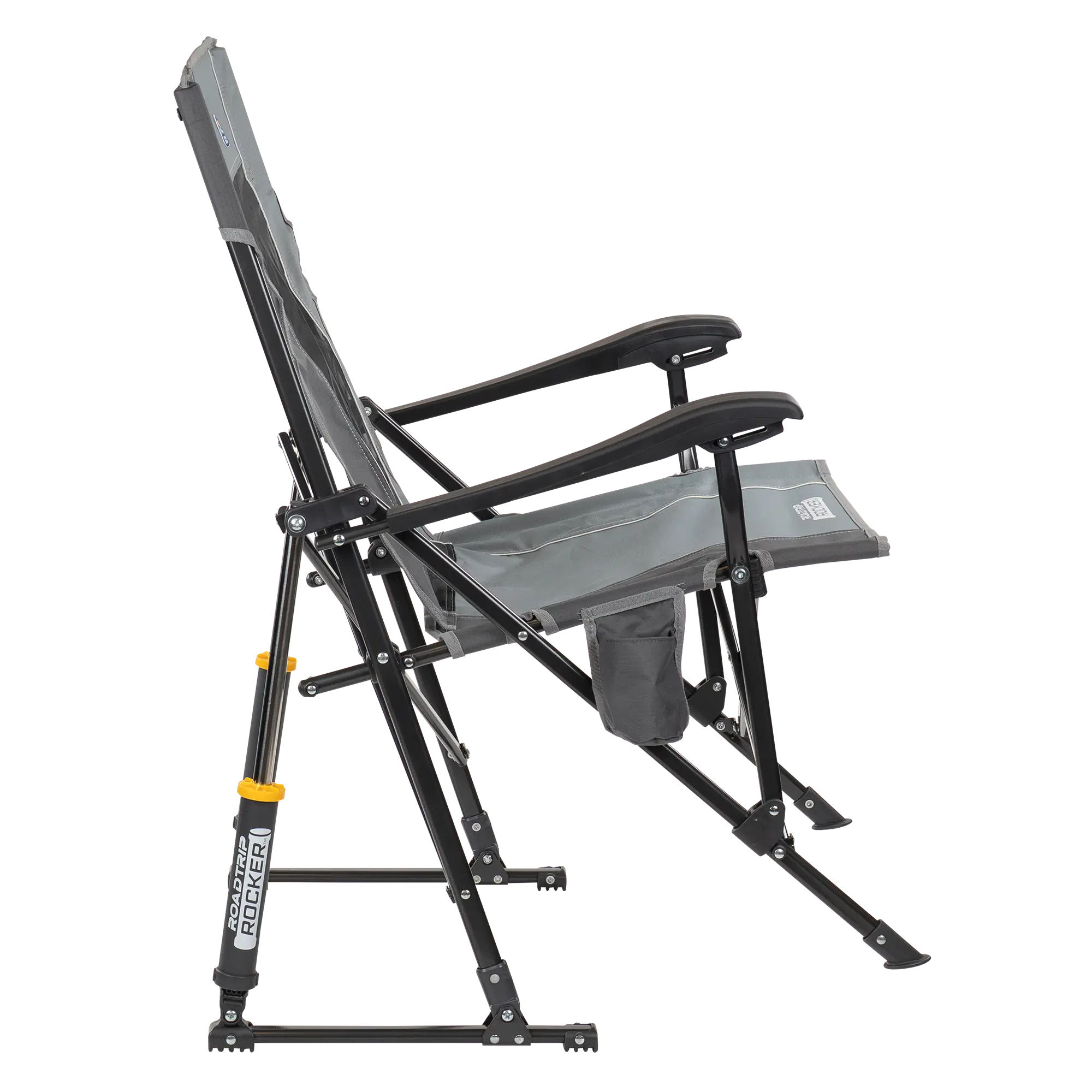 Side angle of the mercury gray roadtrip rocker showing the spring-action rockers and phone pocket. 