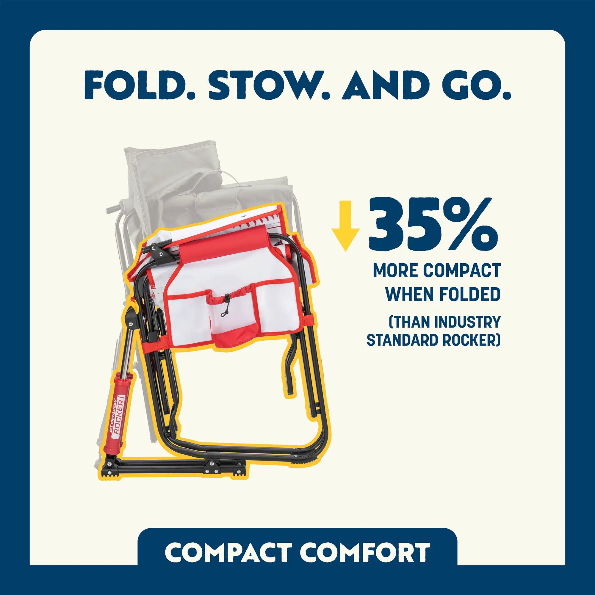 Compact comfort feature showing the compact ability of the baseball stowaway rocker. 