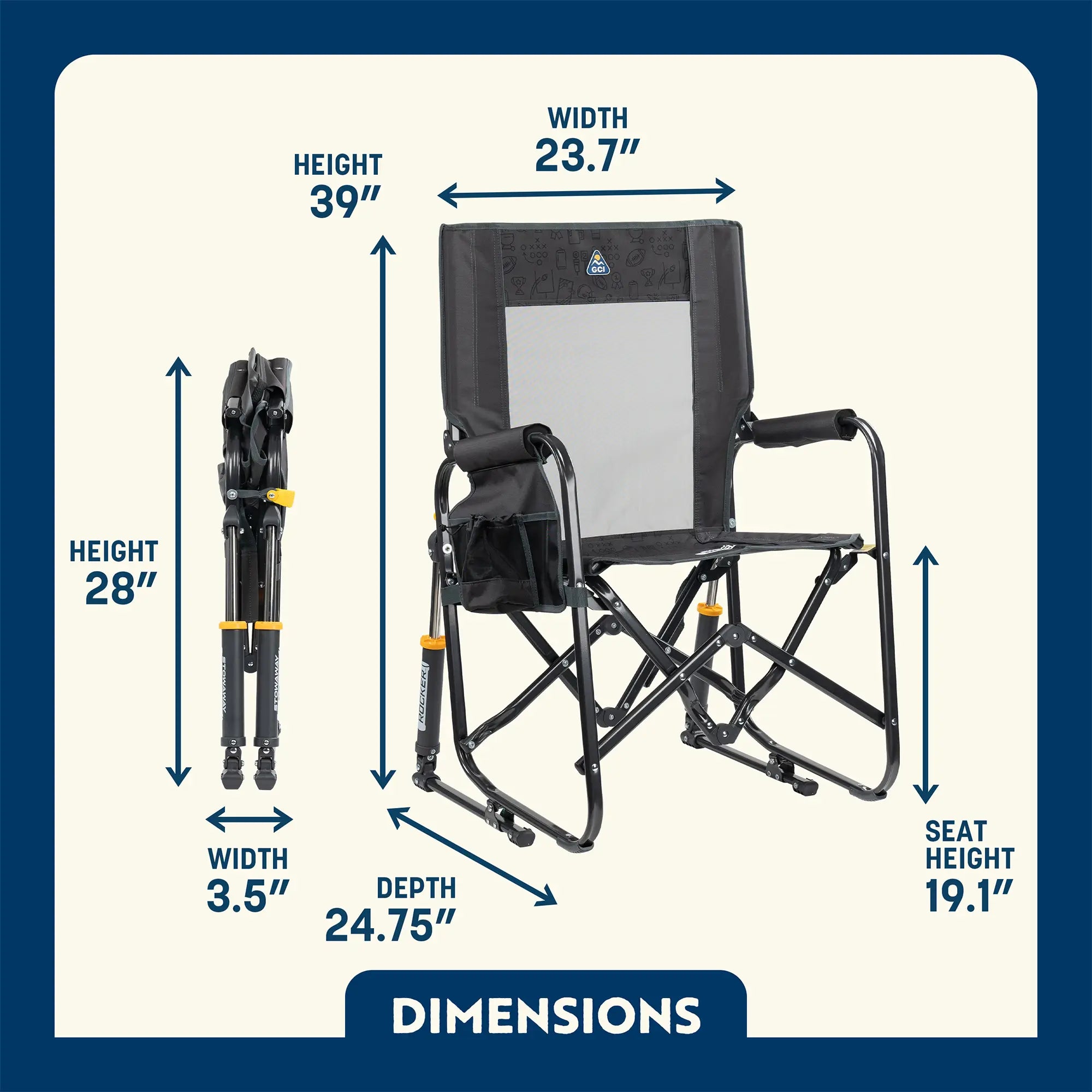 Dimensions of the black tailgater stowaway rocker chair. 