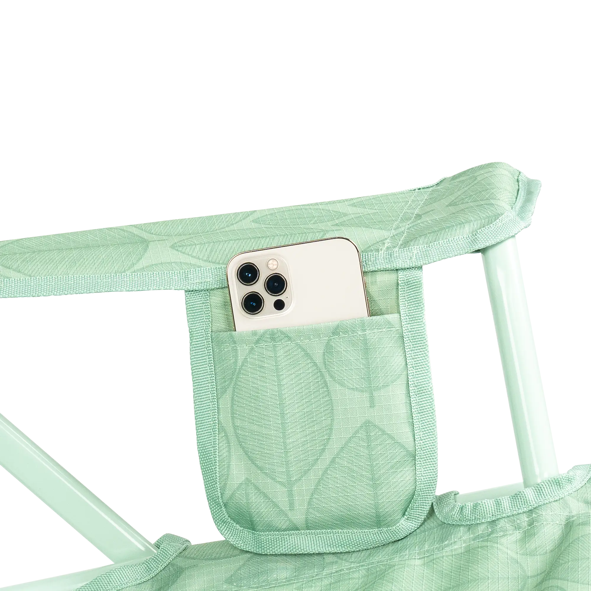 Kickback Rocker, Pastel Green Leaf, Phone Pocket Detail