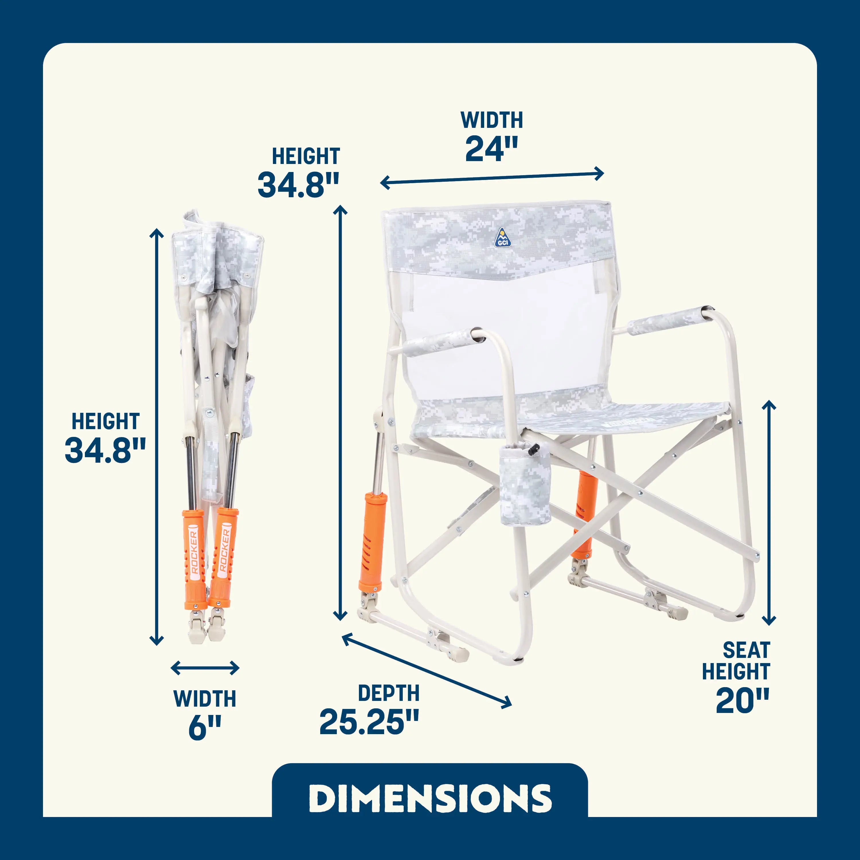 Snow Camo Freestyle Rocker Elite shown open and folded, featuring mesh back and cupholder; dimensions labeled.