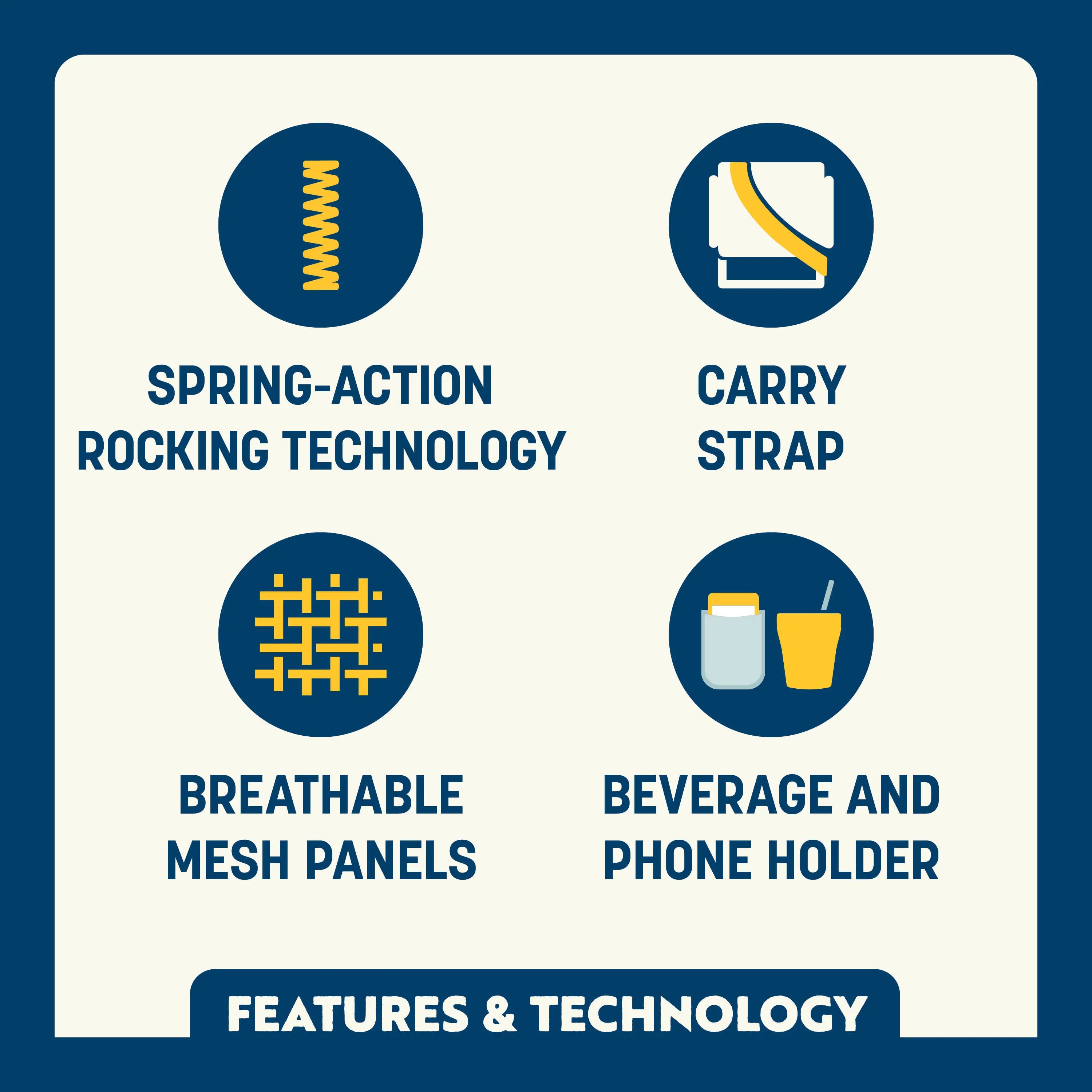 Icons show spring-action rocking, carry strap, breathable mesh panels, and a holder for drinks and phones.