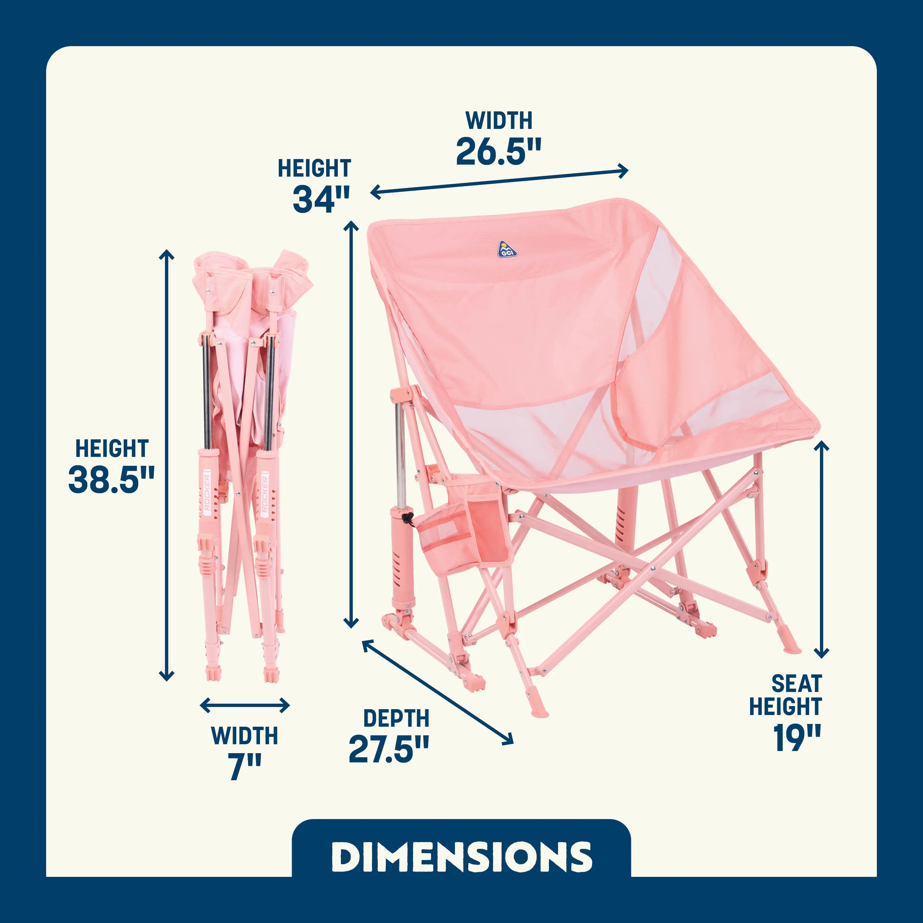 Soft Pink Pod Rocker Elite shown open and folded, with labeled seat height, width, and depth; includes cup and phone holder.