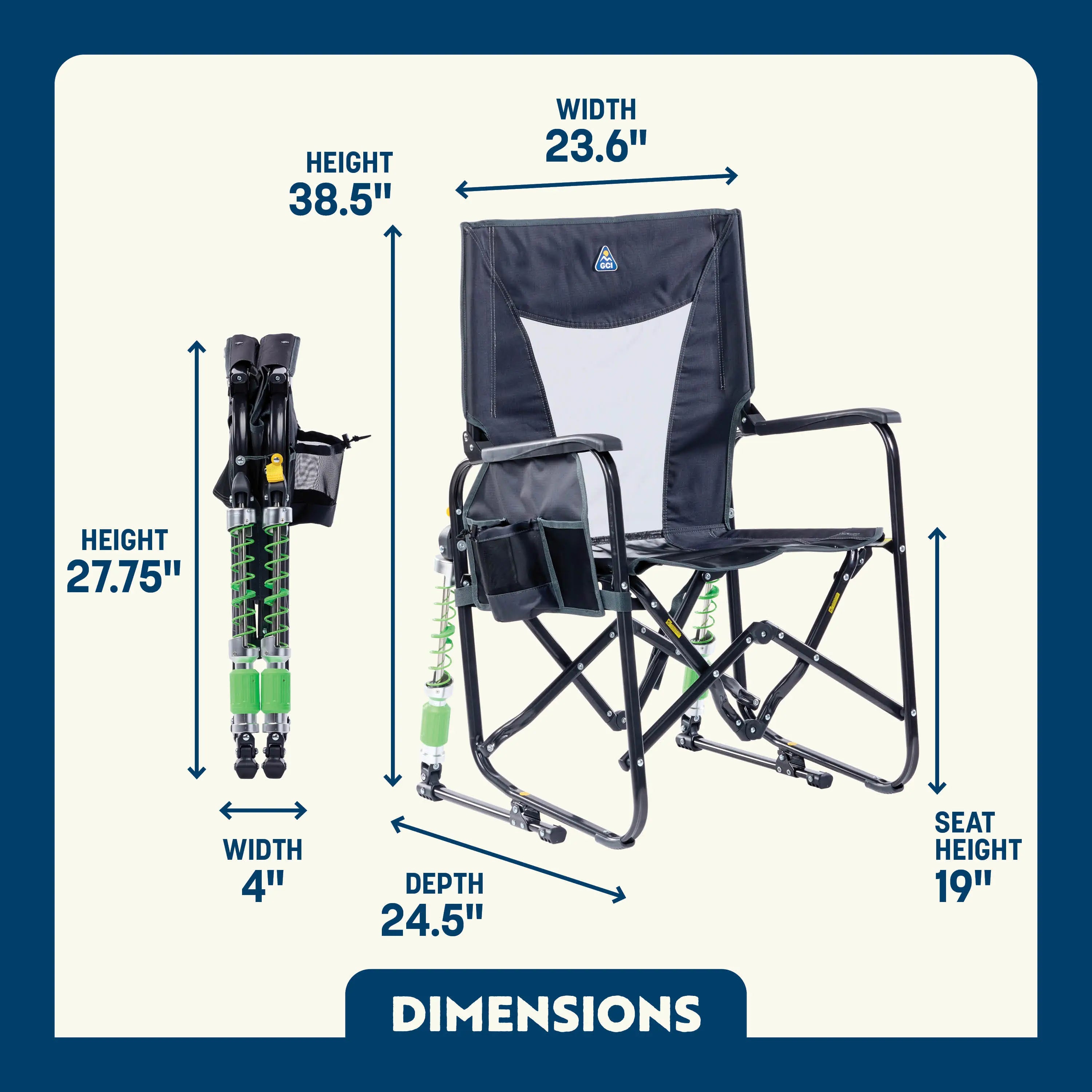 Black and gray adjustable rocker chair with green accents displayed both open and folded, with size specs.