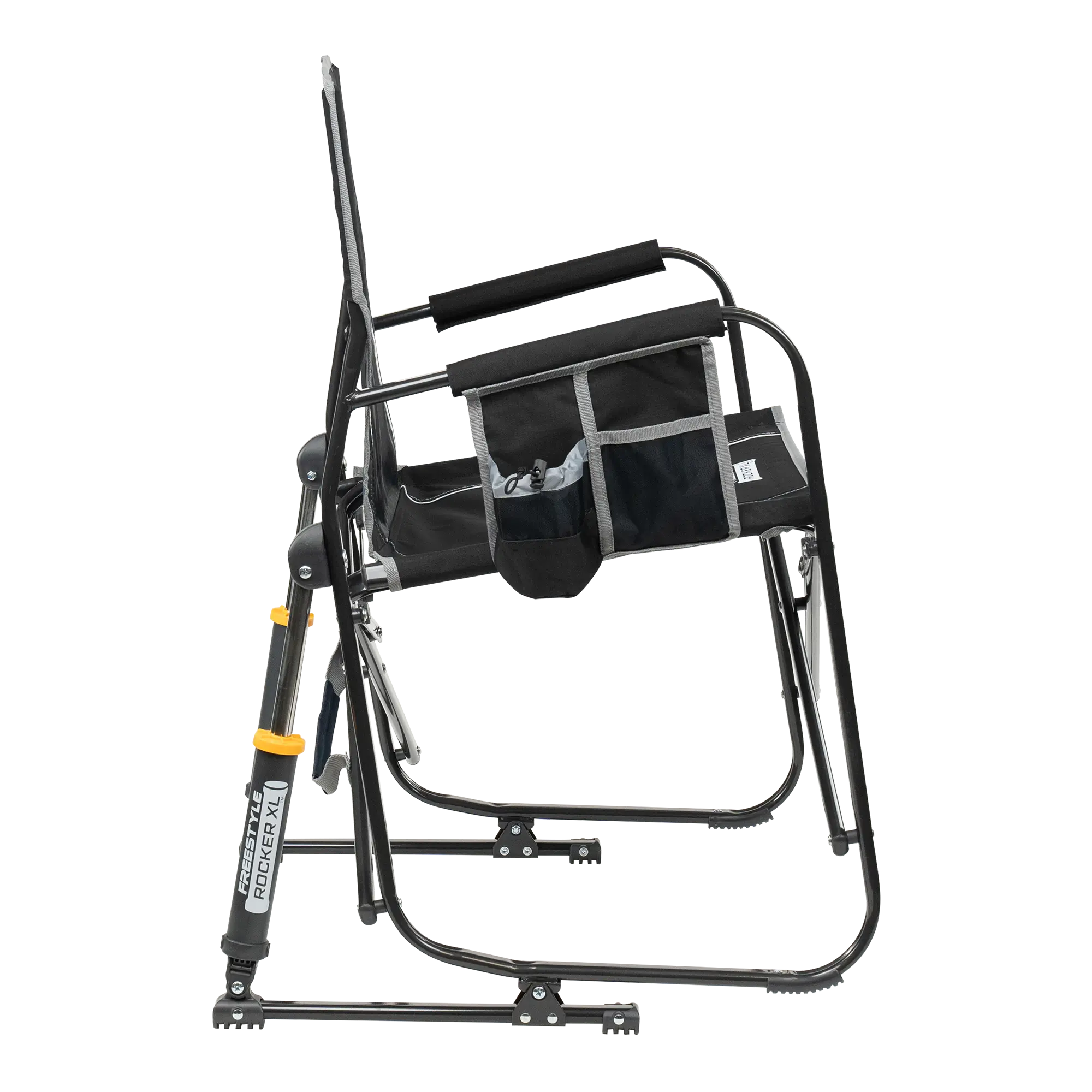 Side view of black GCI Outdoor Freestyle Rocker XL with labeled side storage and shock absorbers.
