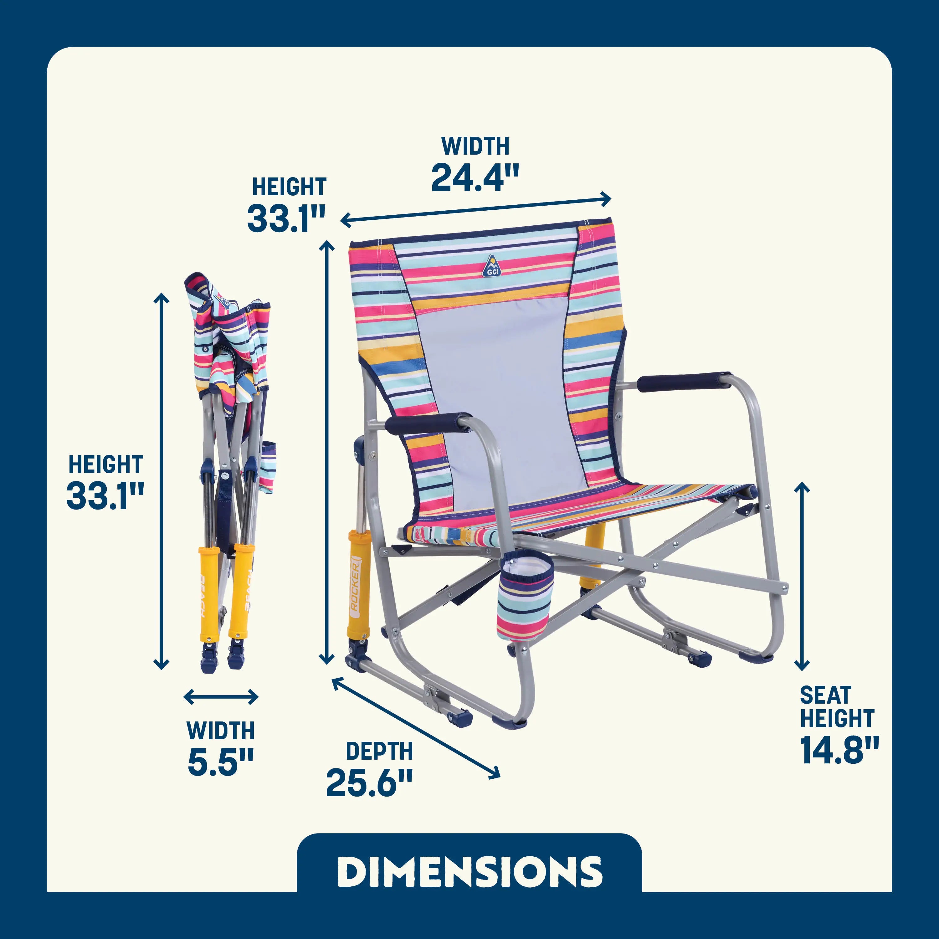 Dimension overview of the Beach Rocker chair, with labeled arrows indicating height, width, depth, and seat height.