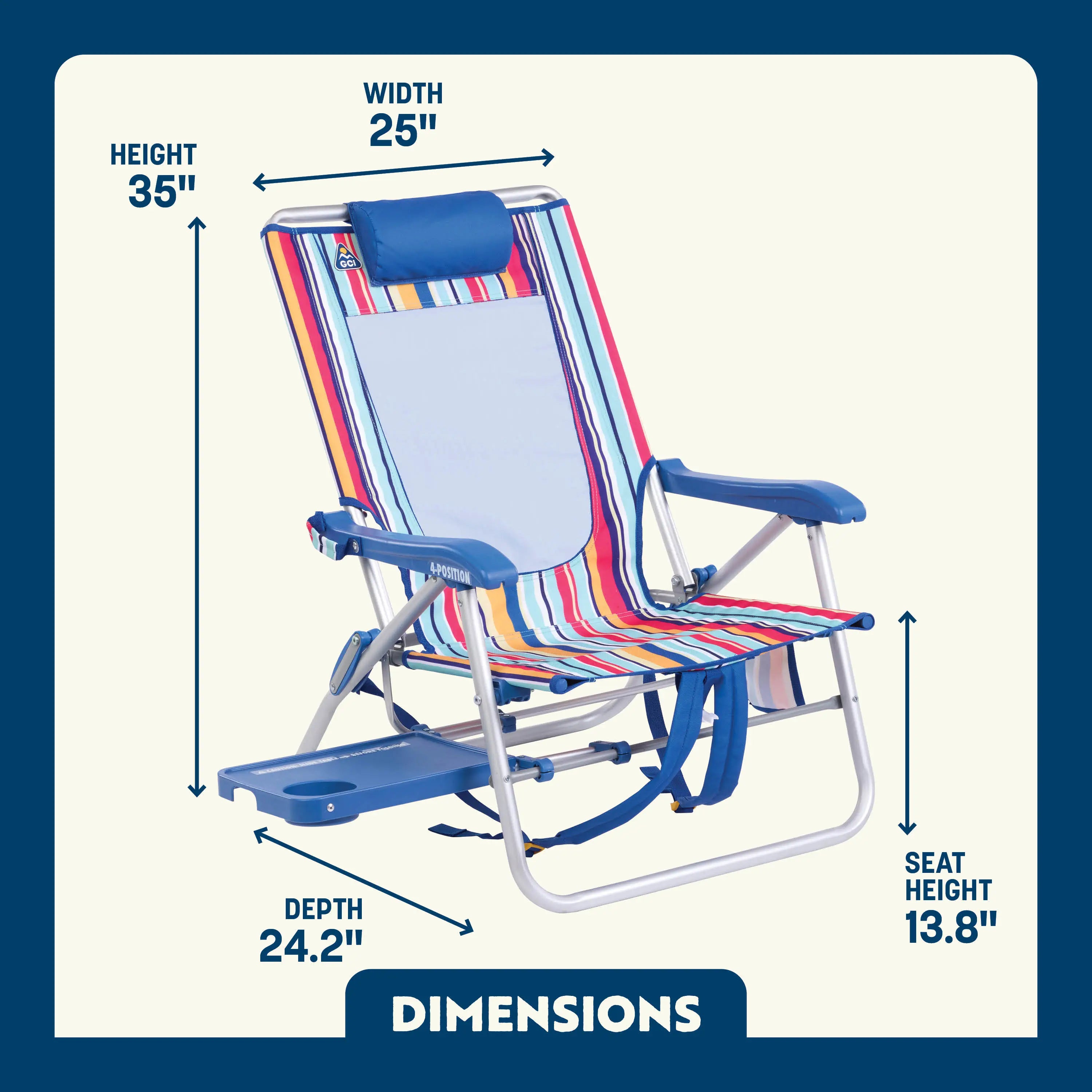 Dimension overview of the Big Surf Chair with Slide Table, showing labeled height, width, depth, and seat height.