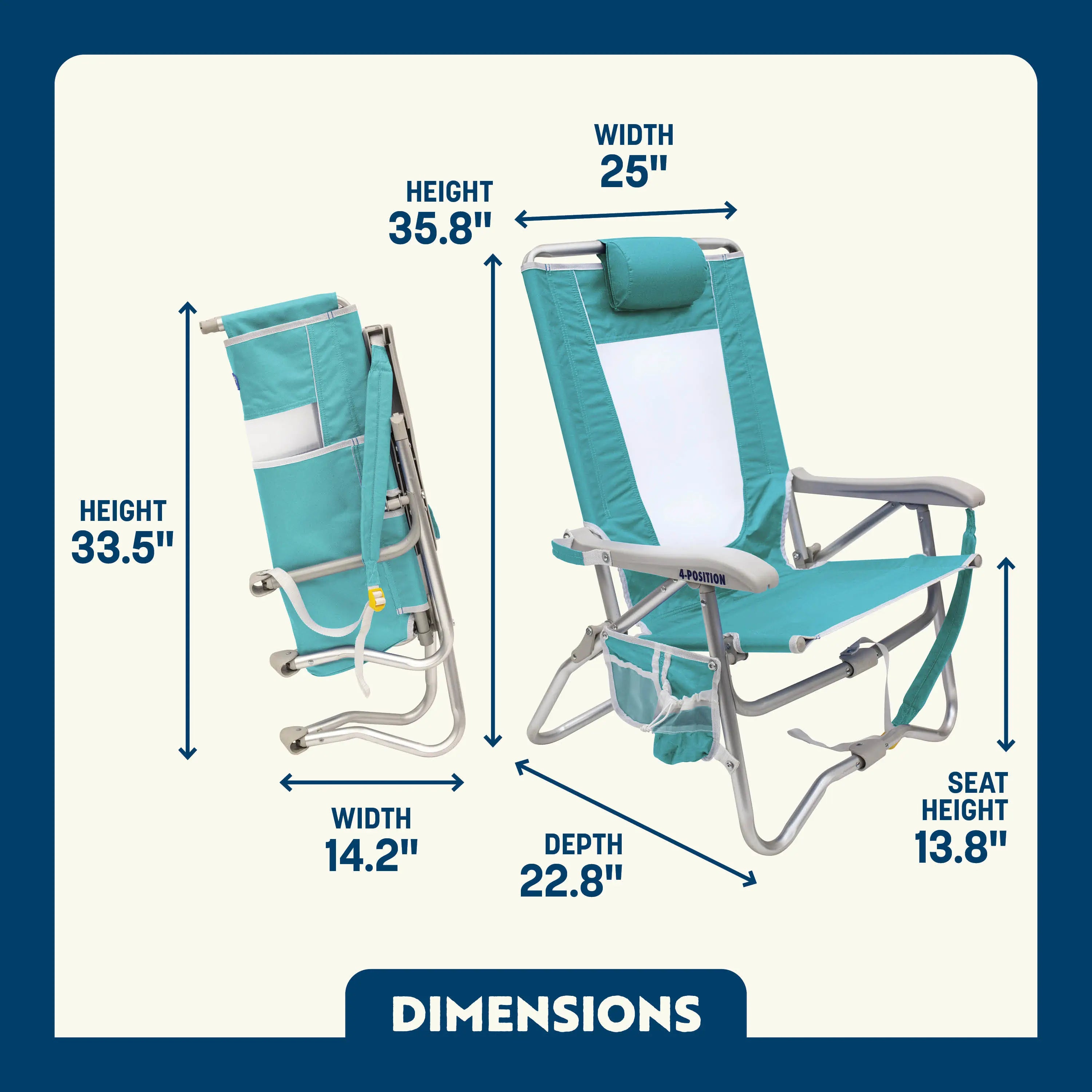 Dimension overview of the Bi-Fold Beach Chair in teal and white, shown open and folded, with labeled seat height, width, depth, and overall height.