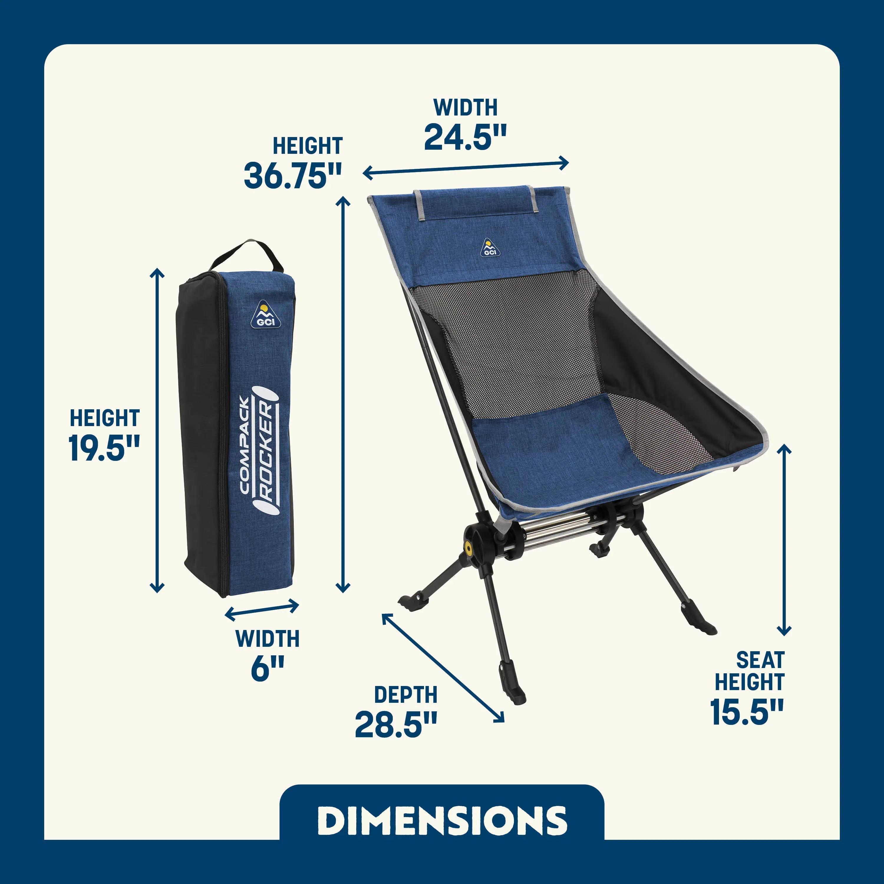 Compack Rocker with mesh panels shown assembled and packed in carry bag; lightweight and portable for outdoor use.