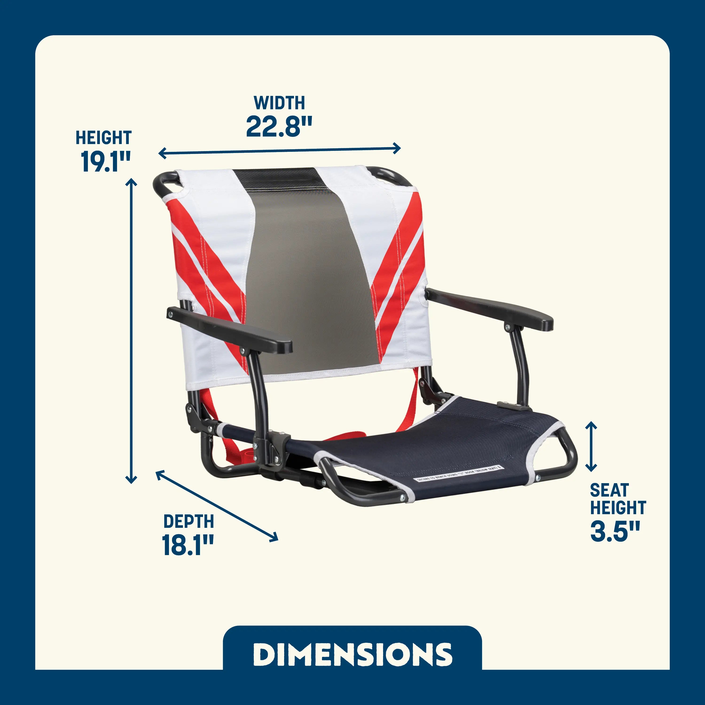 Dimension overview of the Big Comfort Stadium Chair, showing labeled seat height, width, depth, and back height.