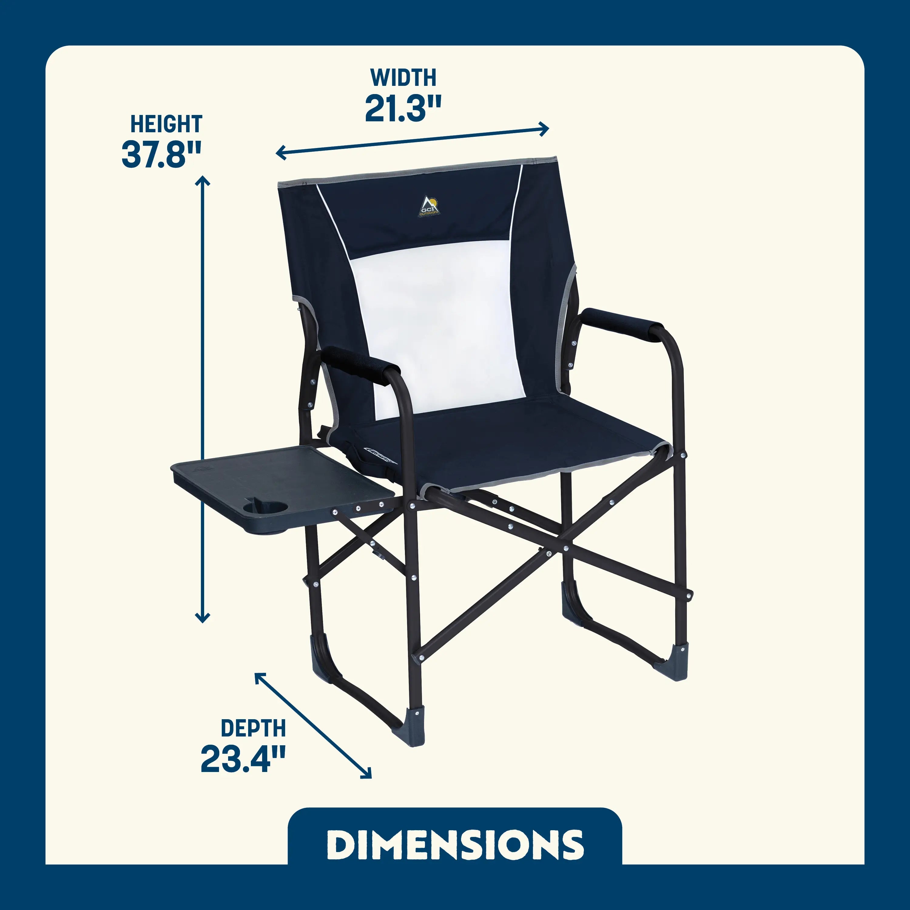 GCI Outdoor Slim-Fold Director’s Chair with side table, labeled dimensions: 37.8" height, 21.3" width, 23.4" depth.