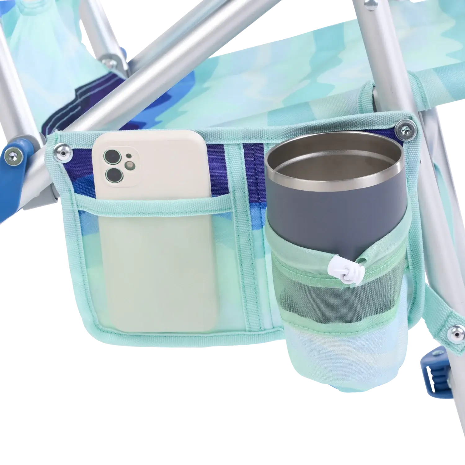 Side caddy of the wave blue Bi-Fold Beach Chair with phone pocket and cup holder.