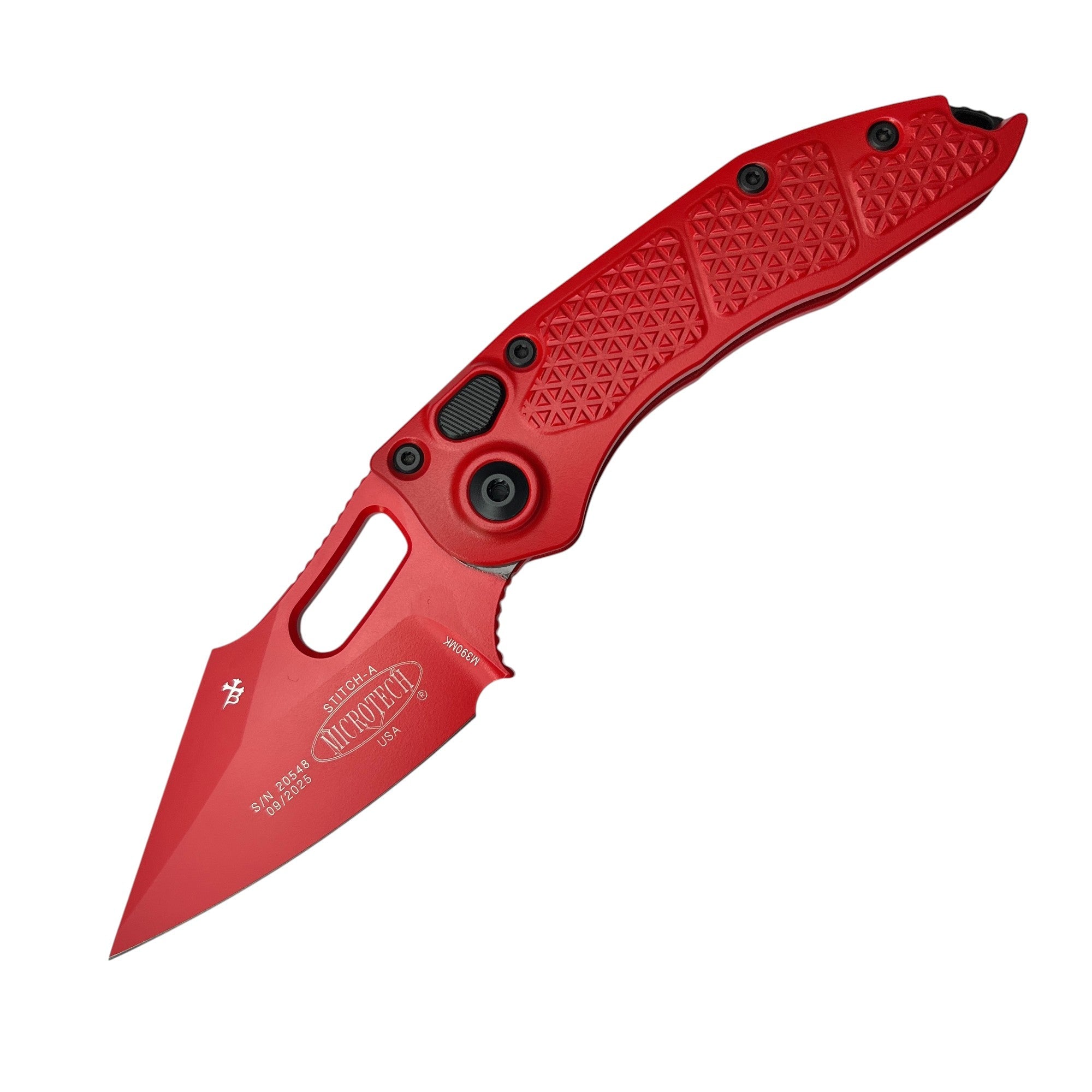 Microtech Stitch Borka Automatic Knife – Red Aluminum Handle, Black Hardware, M390 Blade