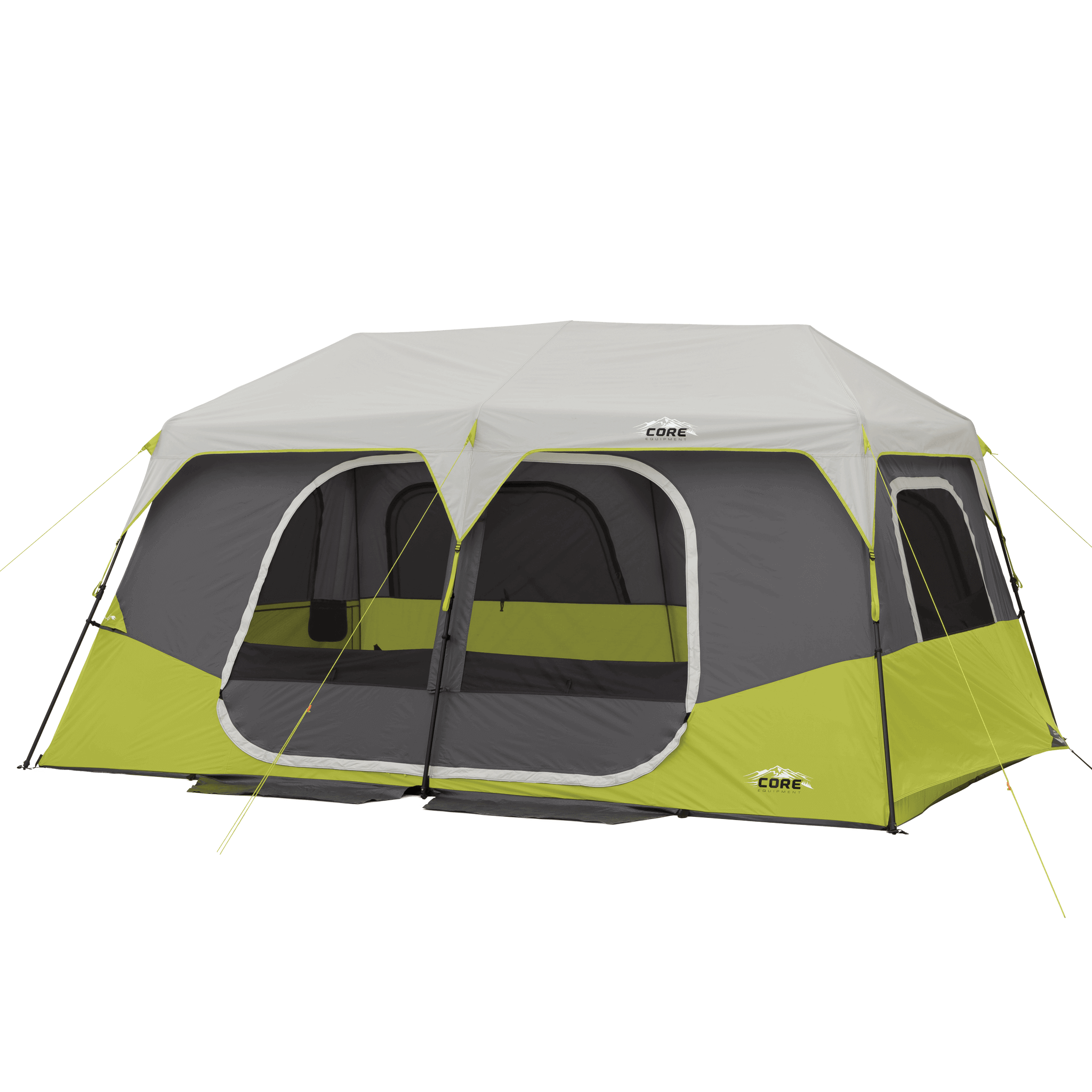 CORE 10 person instant cabin tent with straight walls, two entry doors, and bright gray and green weather-resistant fabric.
