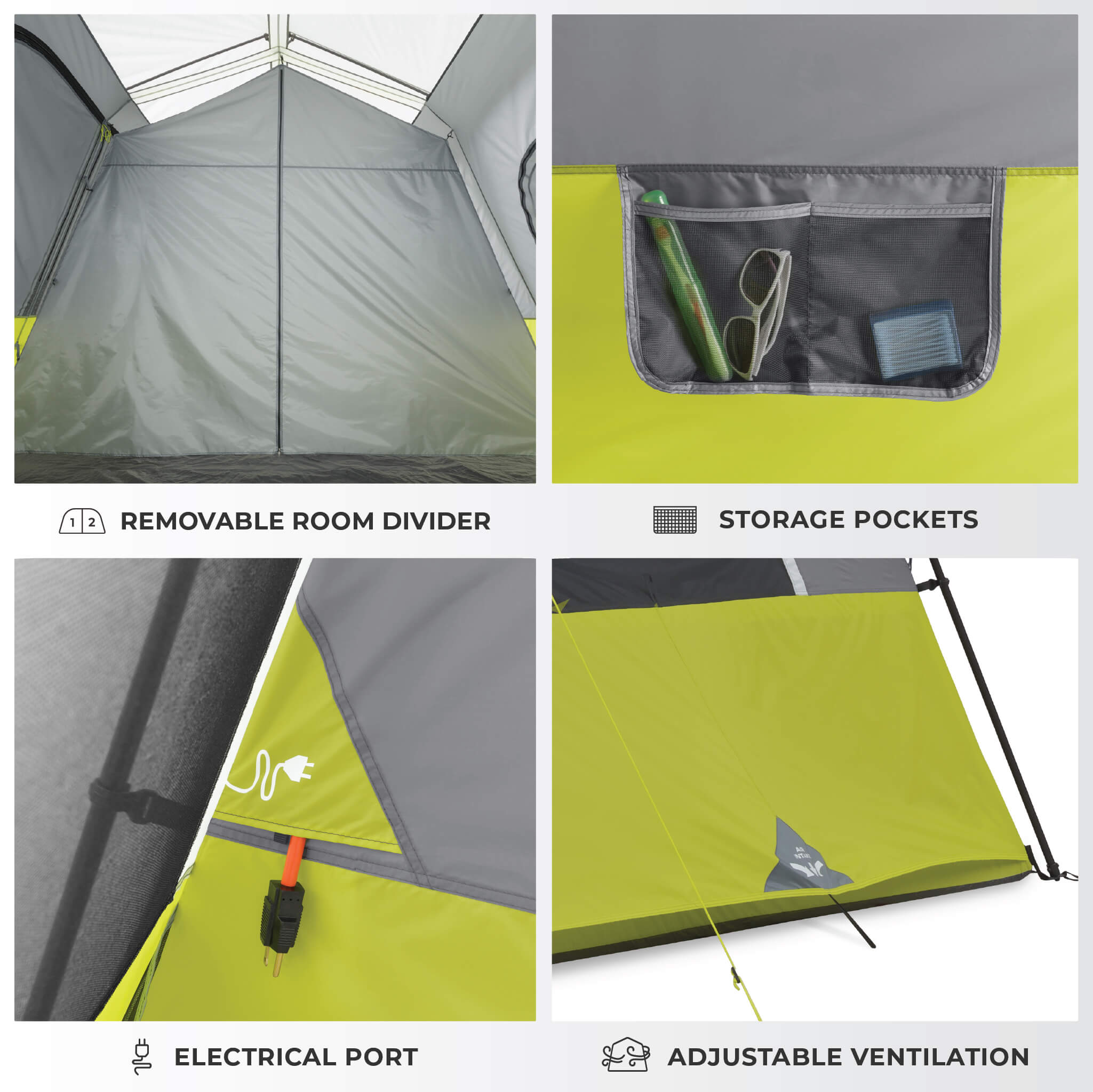 Image shows tent features labeled: Removable Room Dividers, Storage Pockets, Electrical Port, and Adjustable Ventilation.