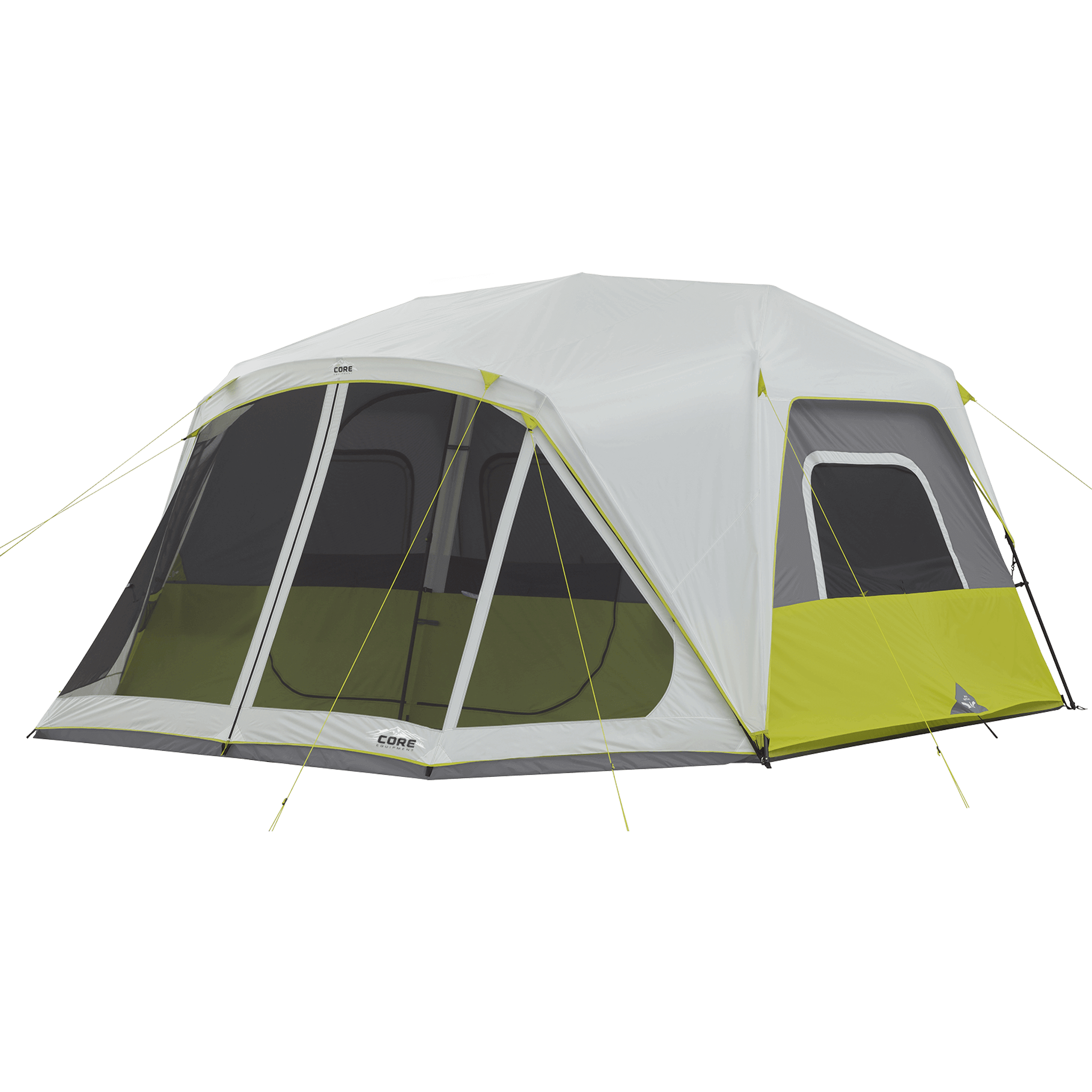 CORE 10 person instant cabin tent with screen room in gray and green, featuring pre-attached poles for a quick 2-minute setup and spacious interior.