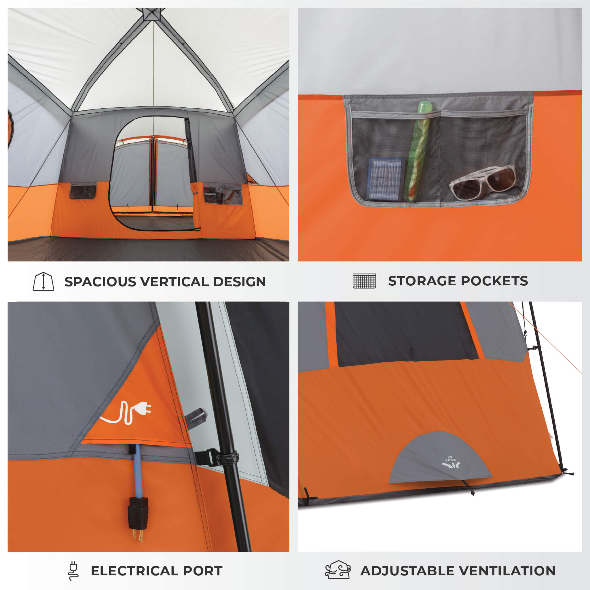 CORE 11 person straight wall cabin tent with screen room interior showing spacious vertical design, storage pockets, electrical port, and adjustable ventilation.