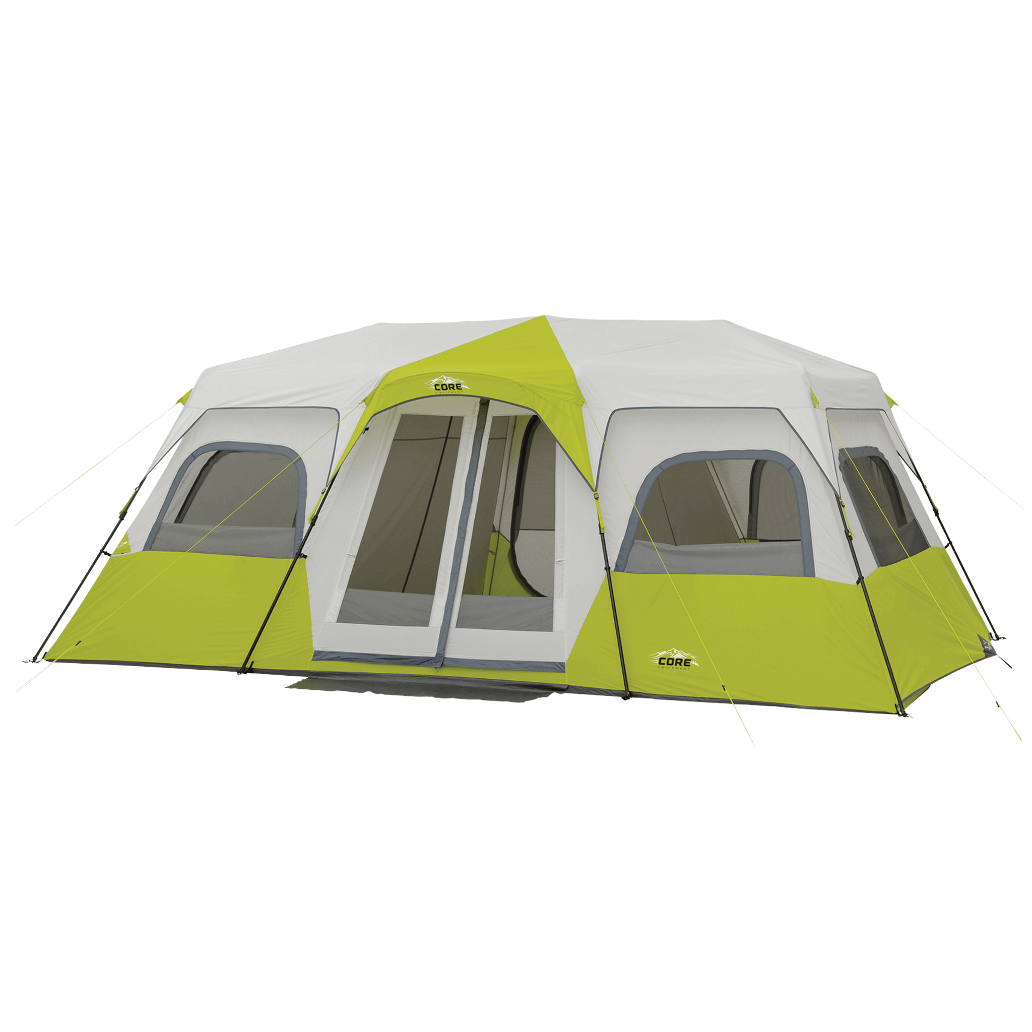 CORE 12 person instant cabin tent in light gray and green, featuring pre-attached poles for a quick 2-minute setup and spacious interior.