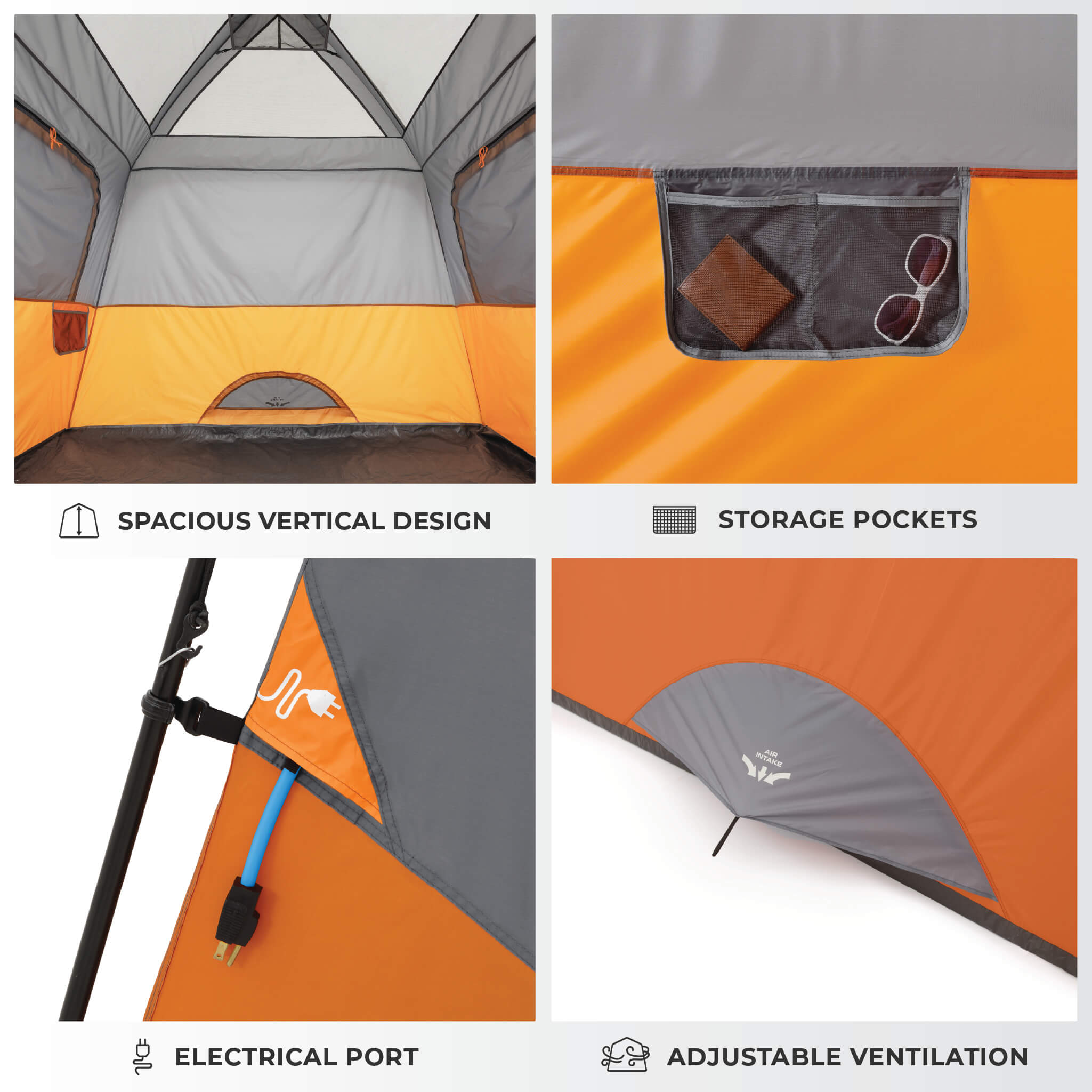 CORE 4 person straight wall cabin tent interior showing spacious vertical design, storage pockets, electrical port, and adjustable ventilation.