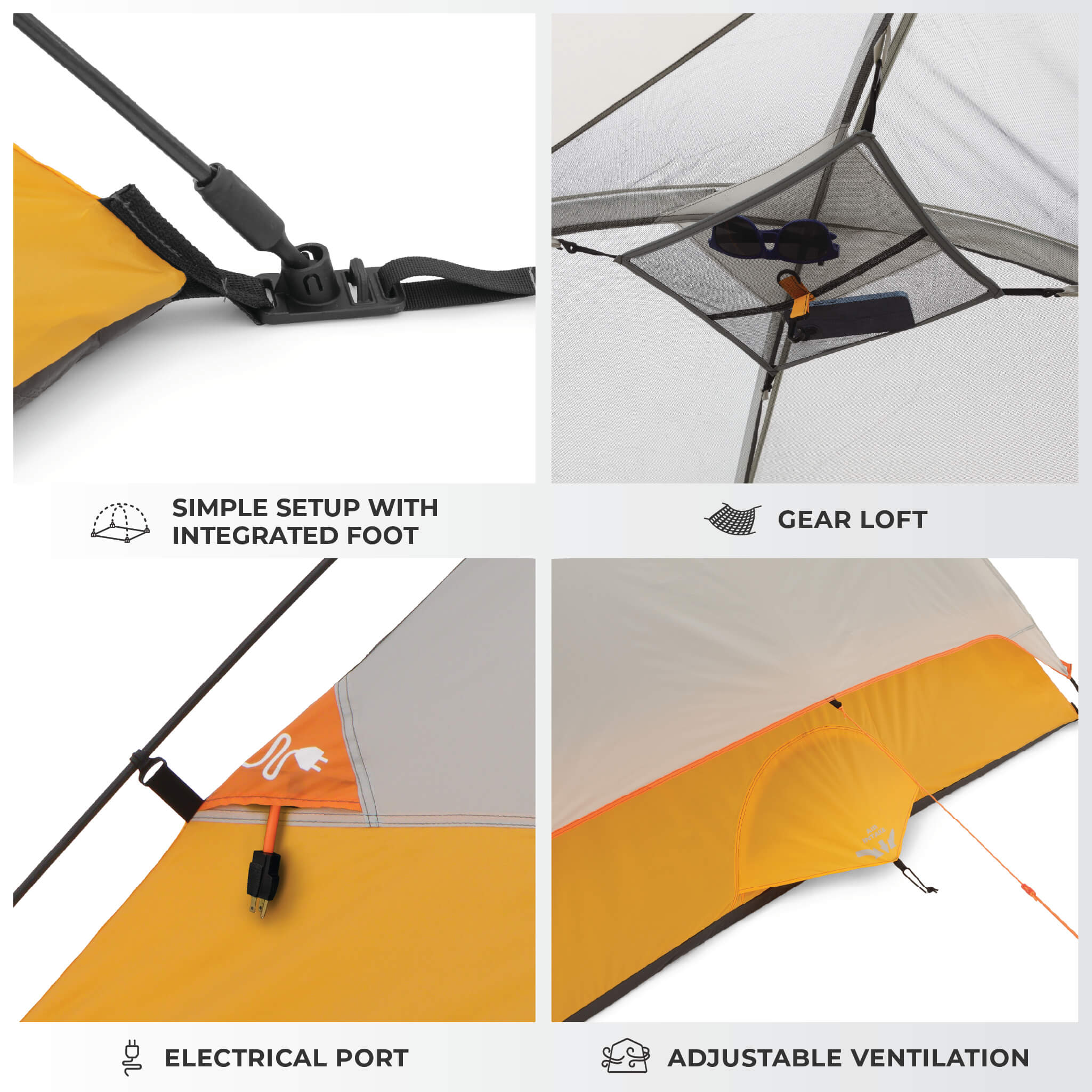 CORE 4 person dome tent features graphic showing simple setup with integrated foot, gear loft, electrical port, and vents.