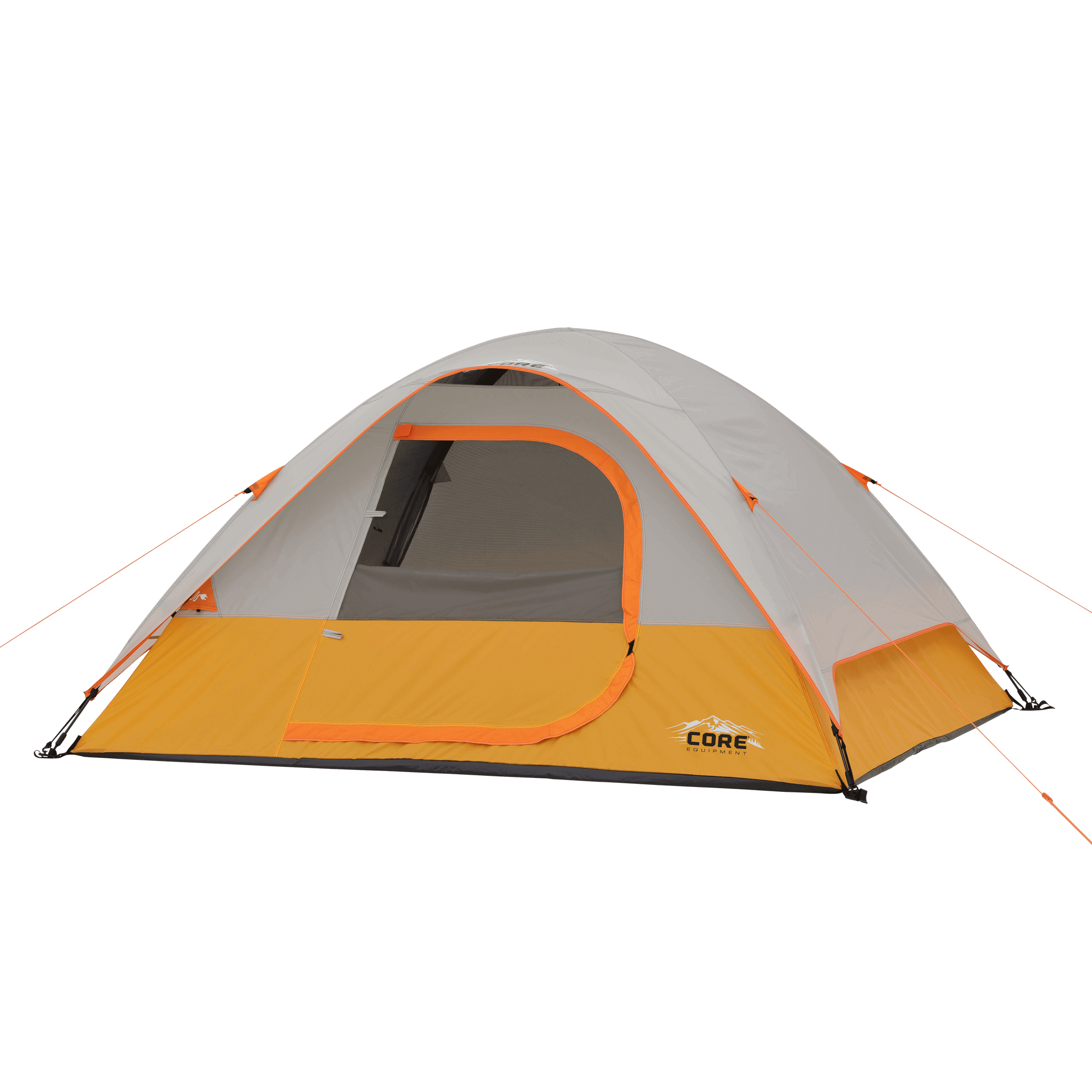 CORE 4 person dome tent with front D-door, weather protection, and compact design for outdoor camping.