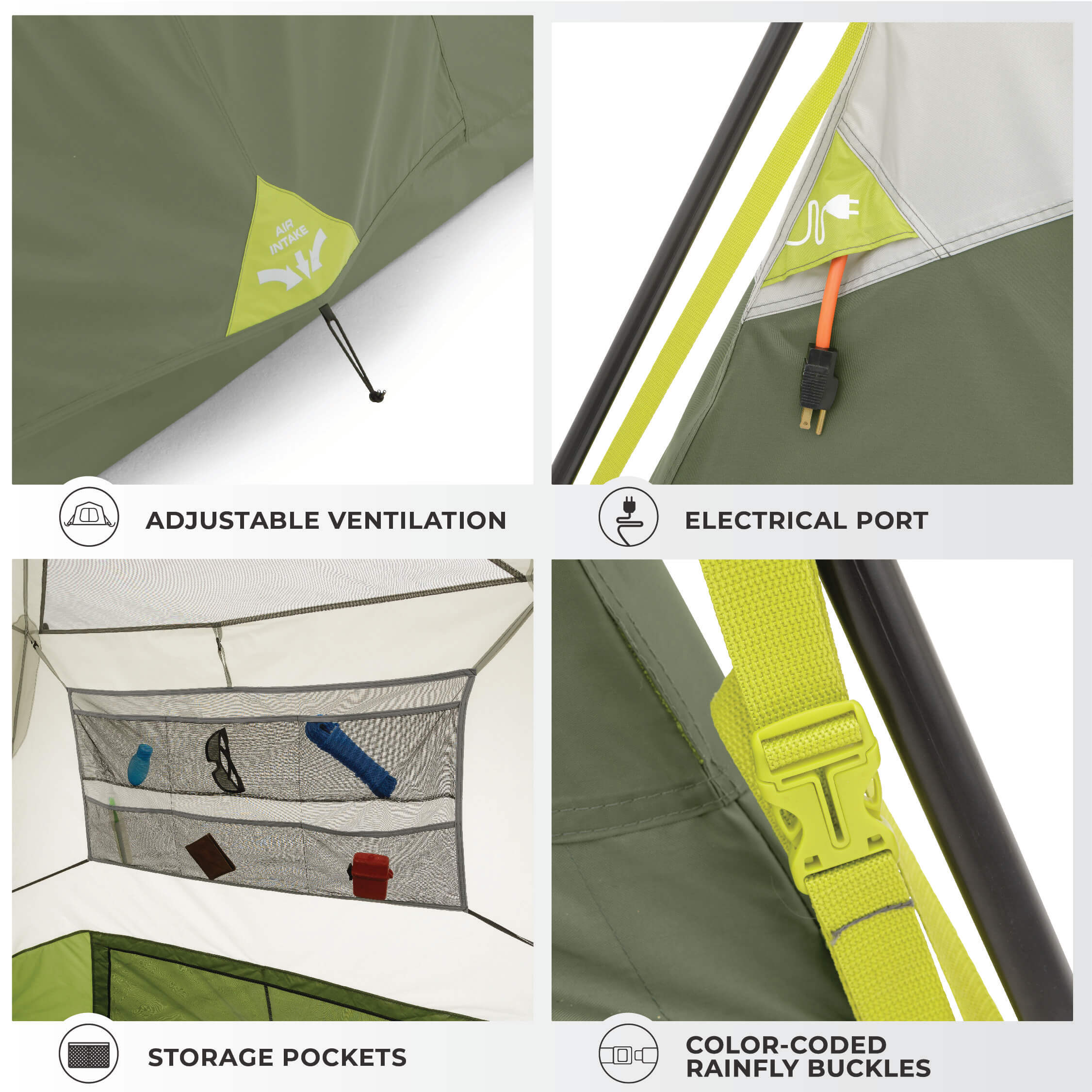 Collage of features including adjustable ventilation, electrical port, storage pockets, and color-coded rainfly buckles on a tent.