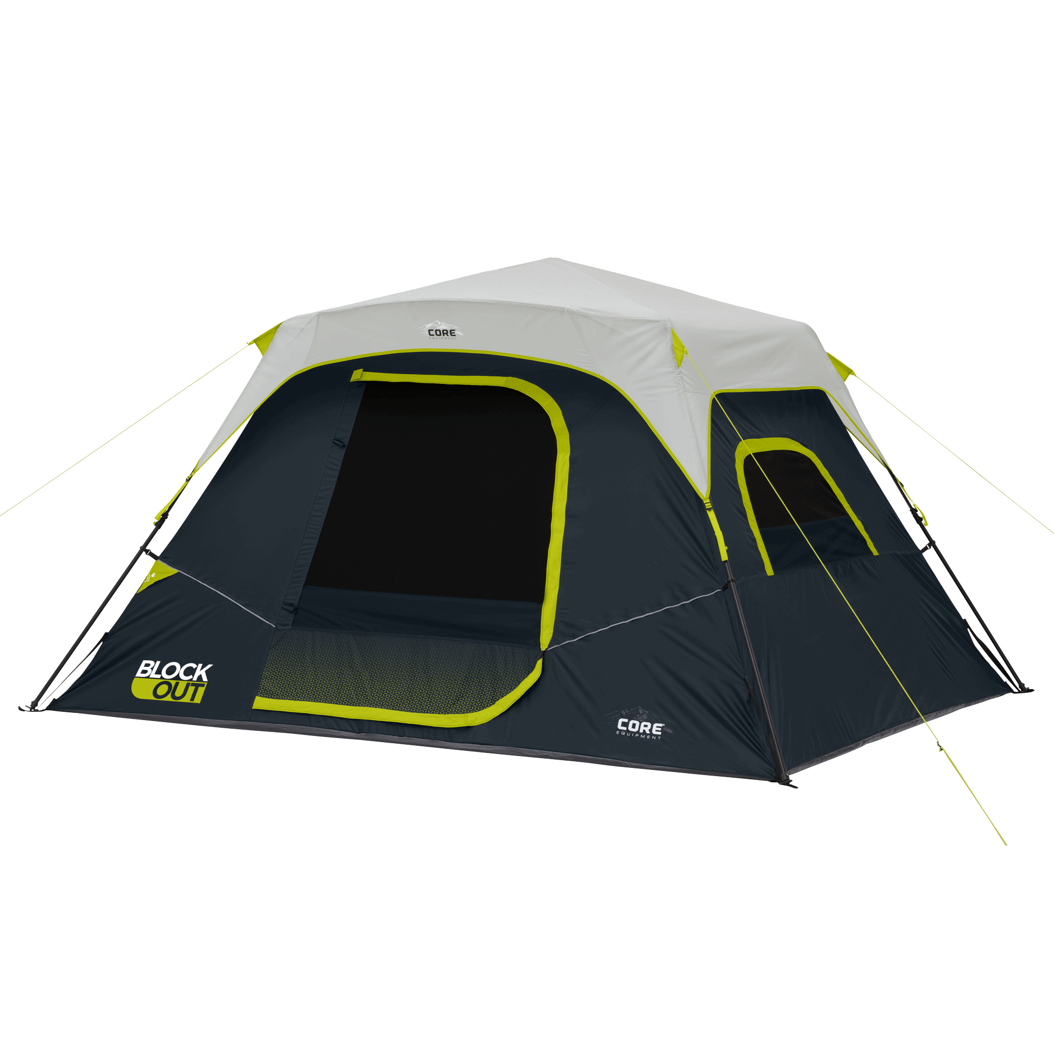 CORE 6 person Blockout instant cabin tent with gray rainfly, dark interior, and neon green trim for blocking 90% of sunlight.