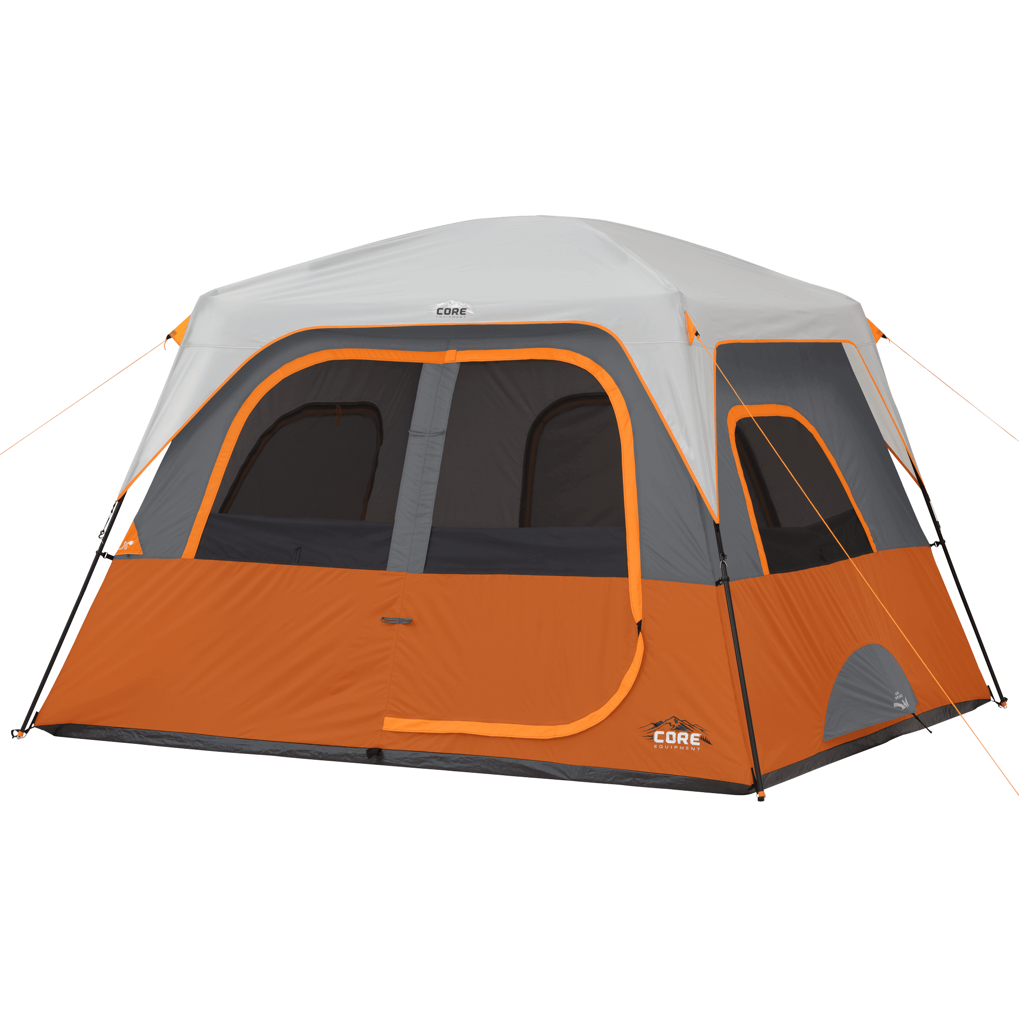 CORE 6 person straight wall cabin tent in orange and gray shown fully set up with large windows and tall standing-height design.