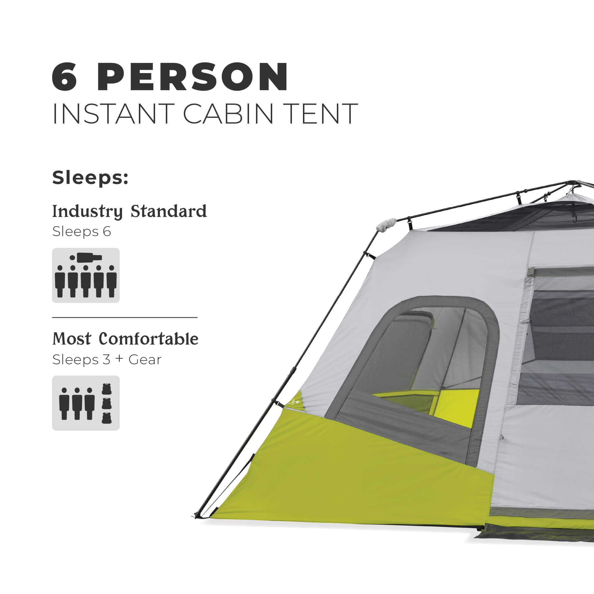 Image shows text: 6 Person Instant Cabin Tent, sleeps 6 industry standard or most comfortable for 3 people plus gear.