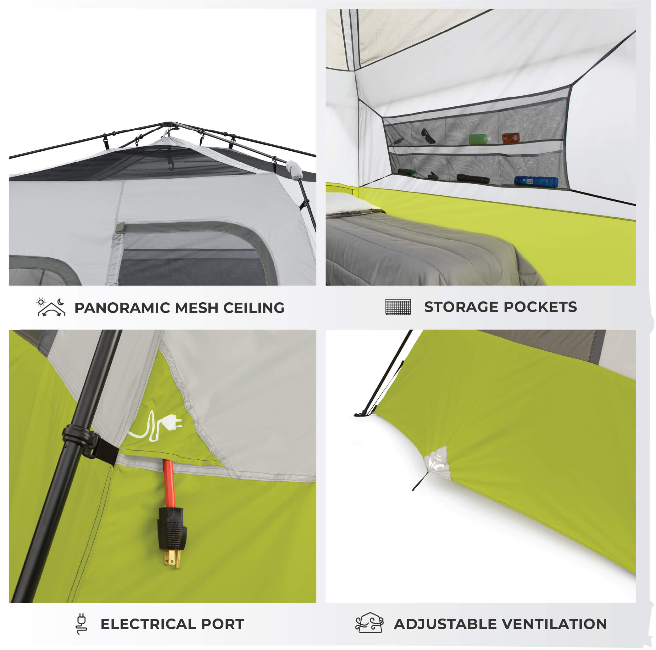 Image shows tent features labeled: Panoramic Mesh Ceiling, Storage Pockets, Electrical Port, and Adjustable Ventilation.