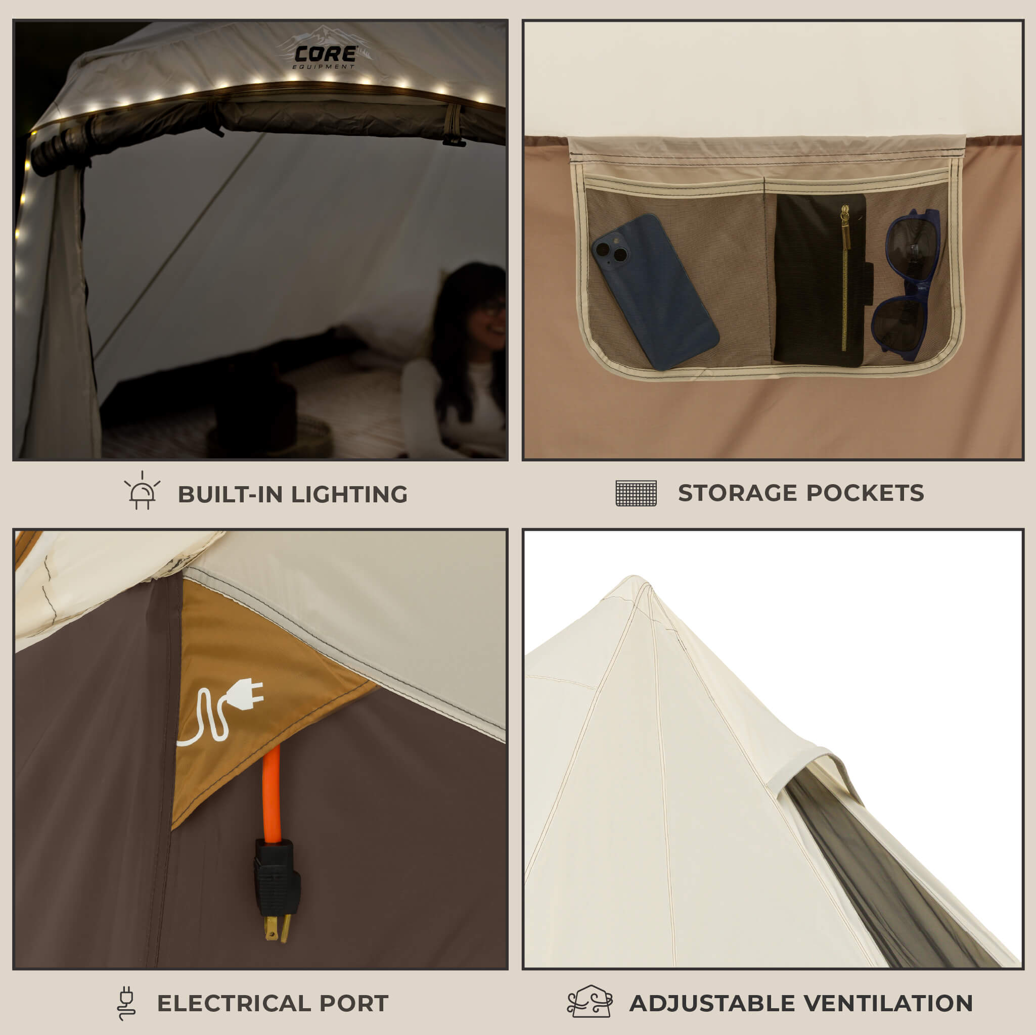 Details of CORE 6 person lighted bell tent with built-in lighting, storage pockets, electrical port, and adjustable ventilation.