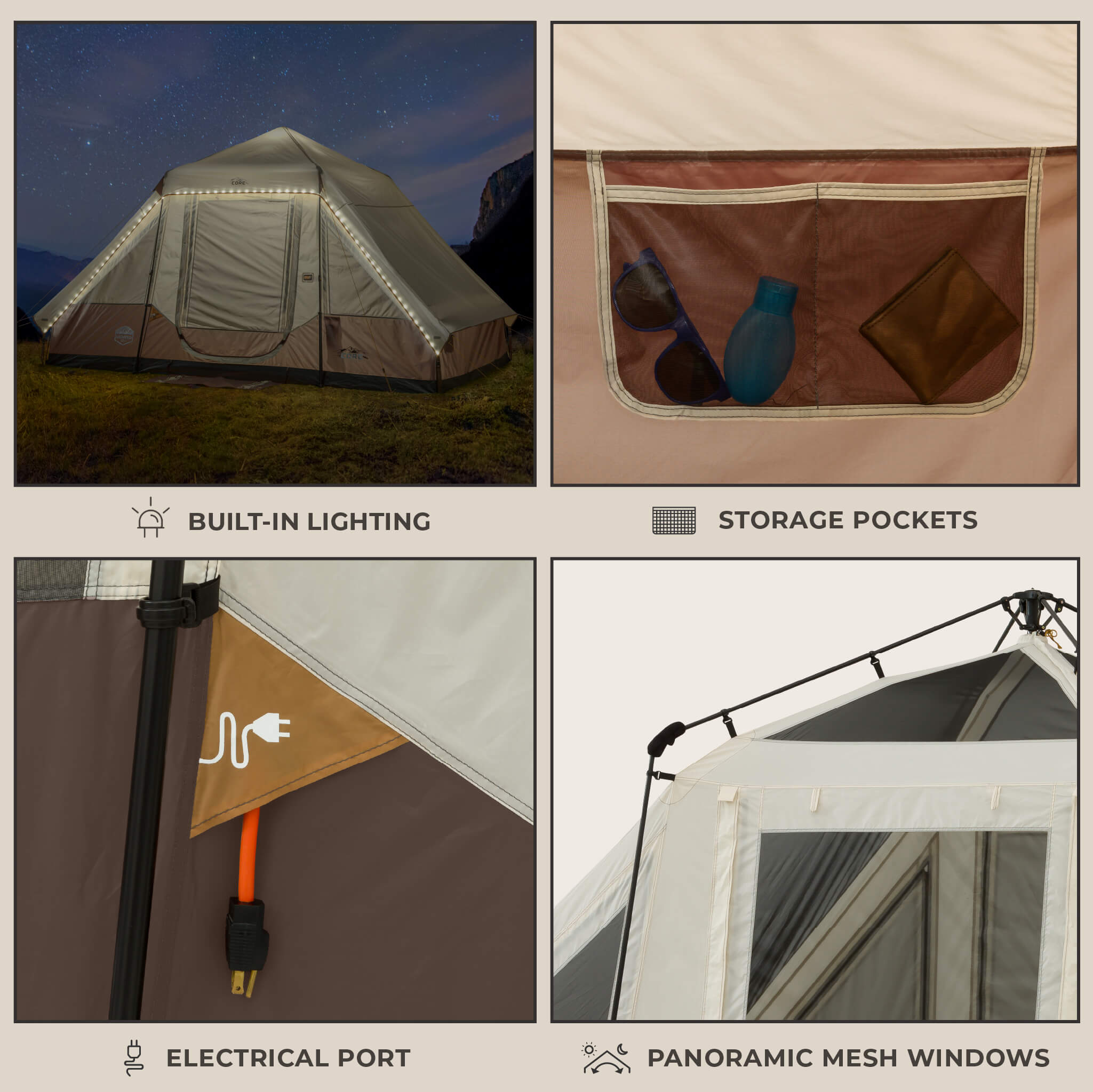 CORE 6 person instant pyramid tent features with built-in lighting, storage, electrical port, and panoramic mesh windows.