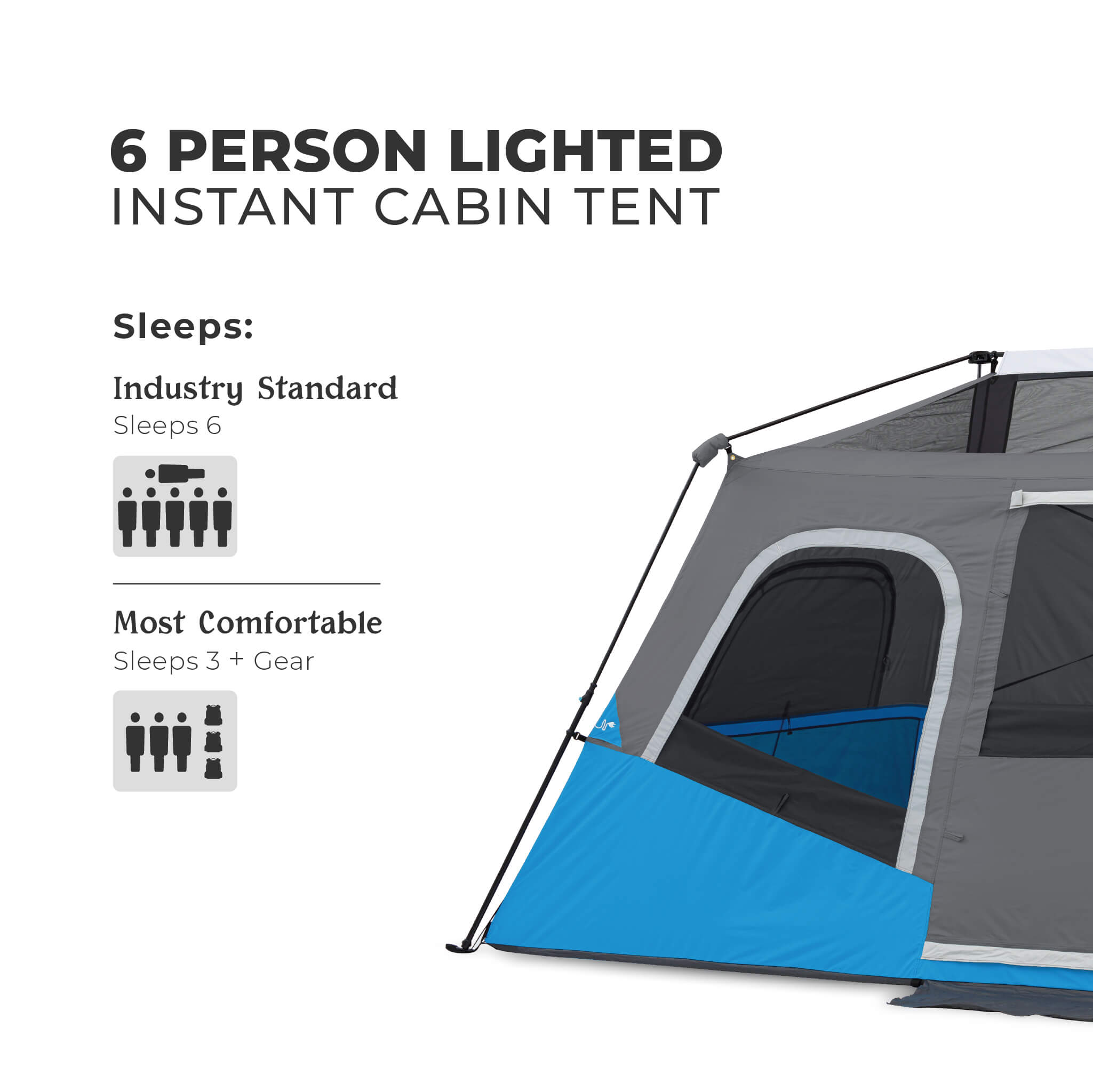 Image shows text: 6 Person Lighted Instant Cabin Tent, sleeps 6 industry standard or most comfortable for 3 people plus gear.