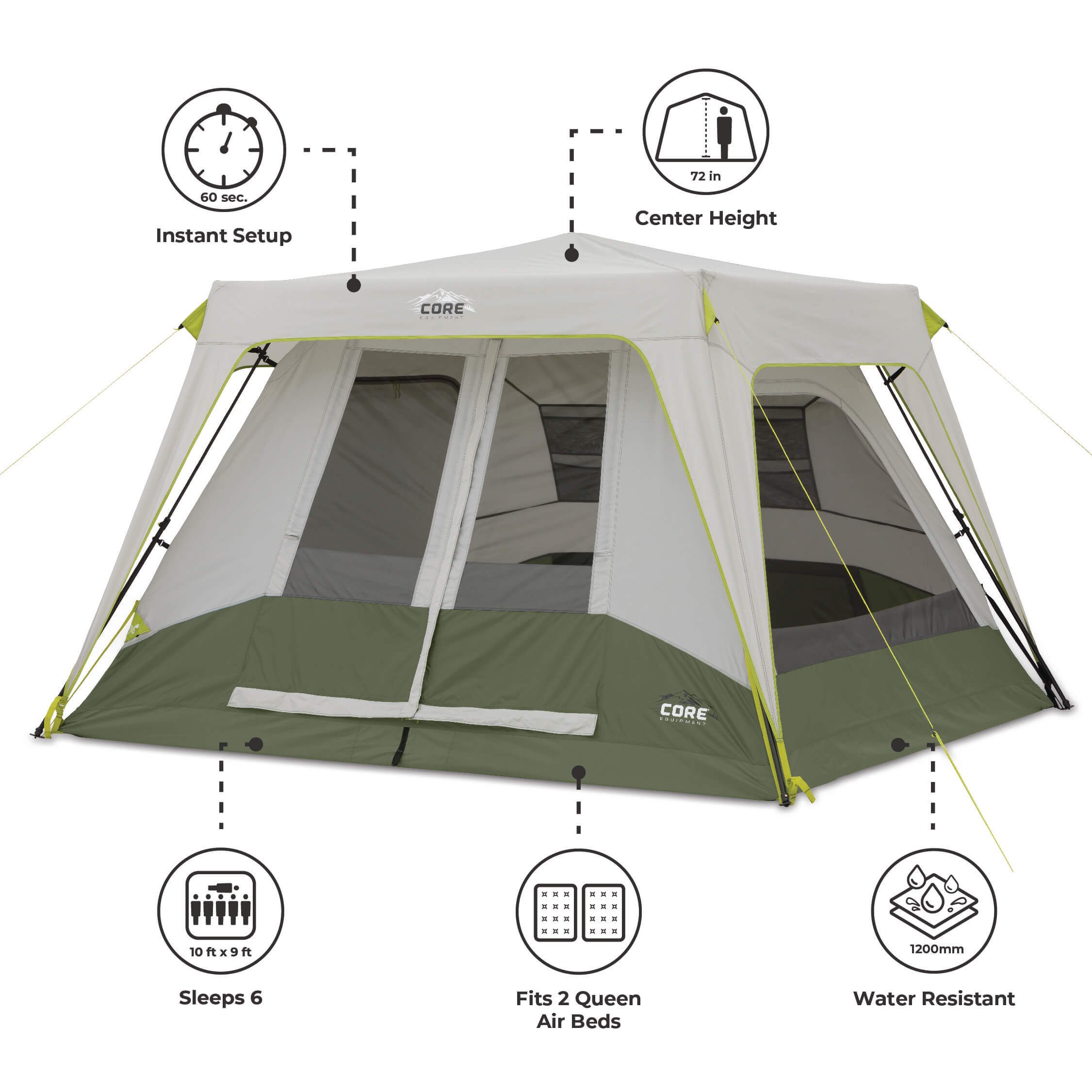 Green and gray 6 person instant acbin tent with dimensions highlighted.