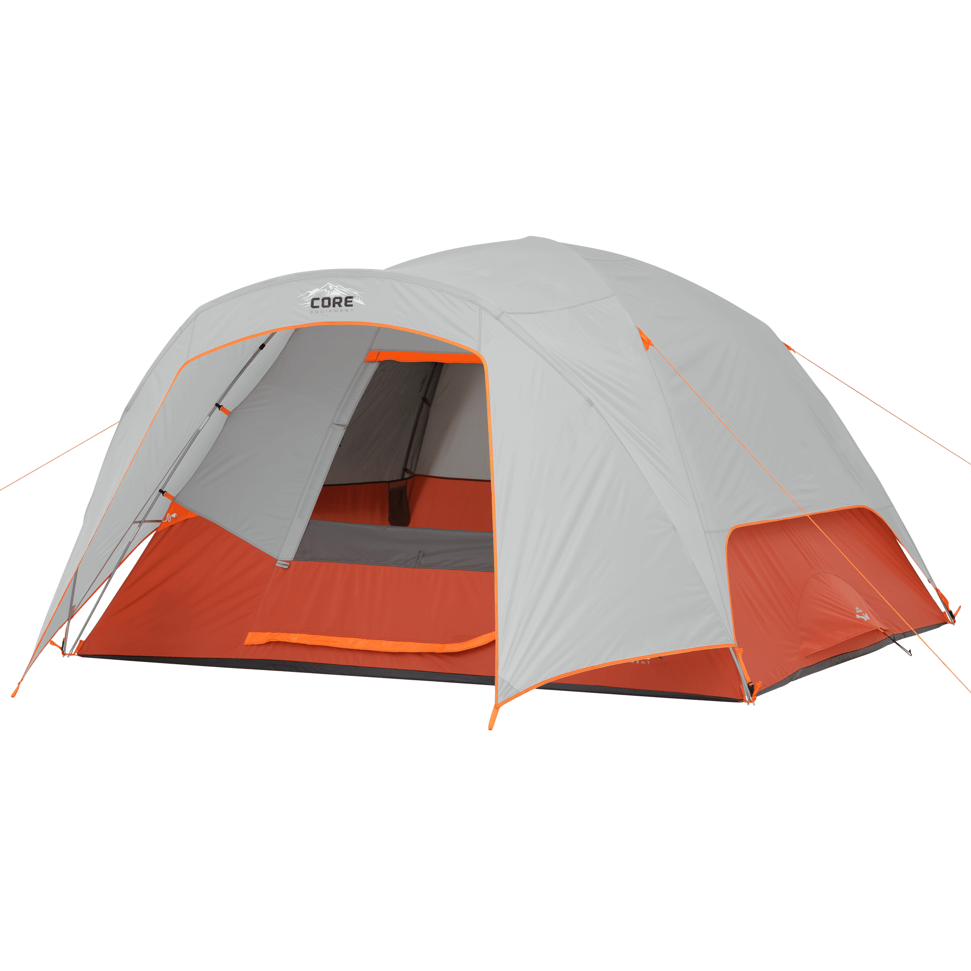 Gray and orange tent with CORE 6 person dome tent with vestibule.
